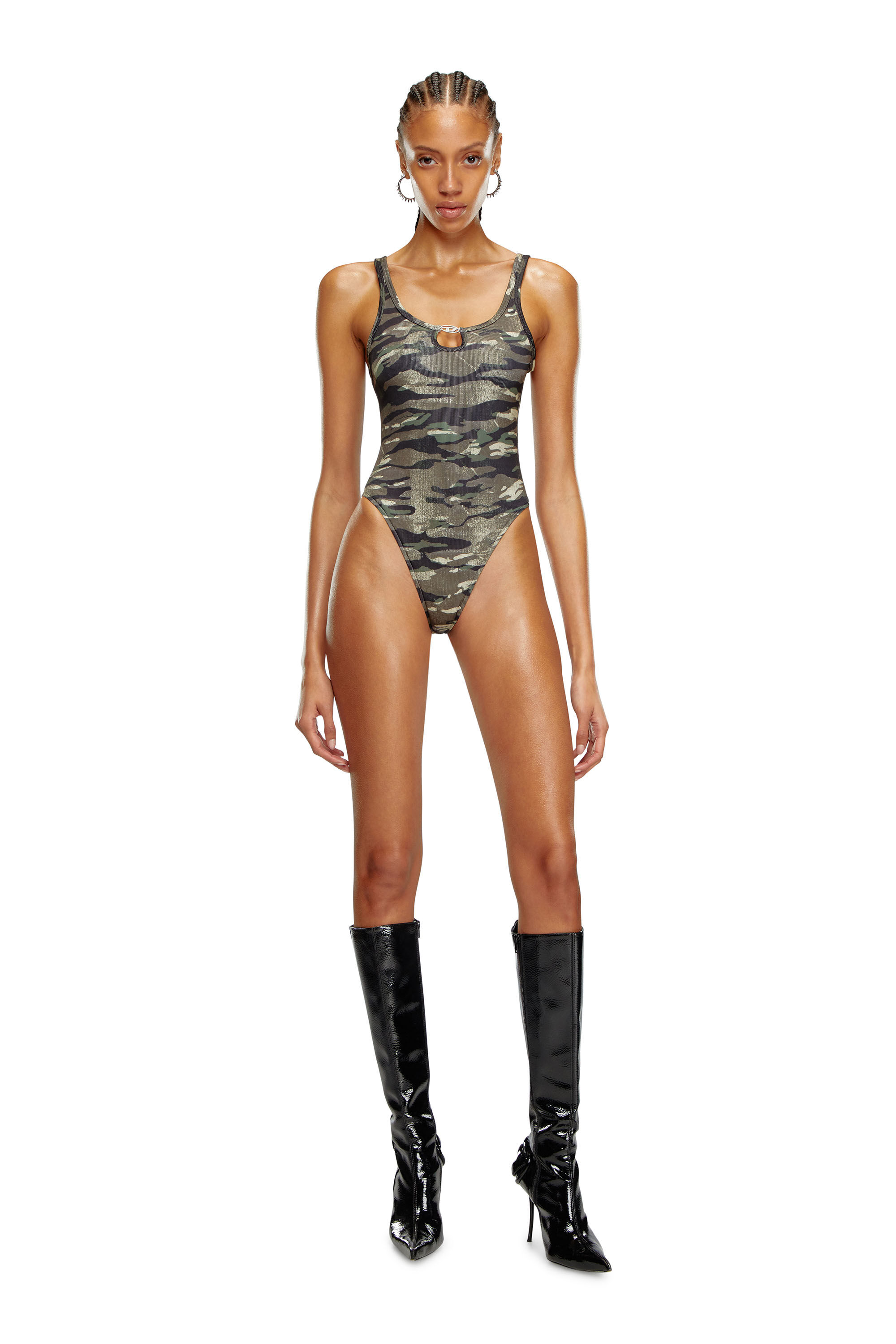 Diesel - BFSW-UT-BODY, Damen Gerippter Badeanzug mit Camouflage-Print in Grün - Image 2