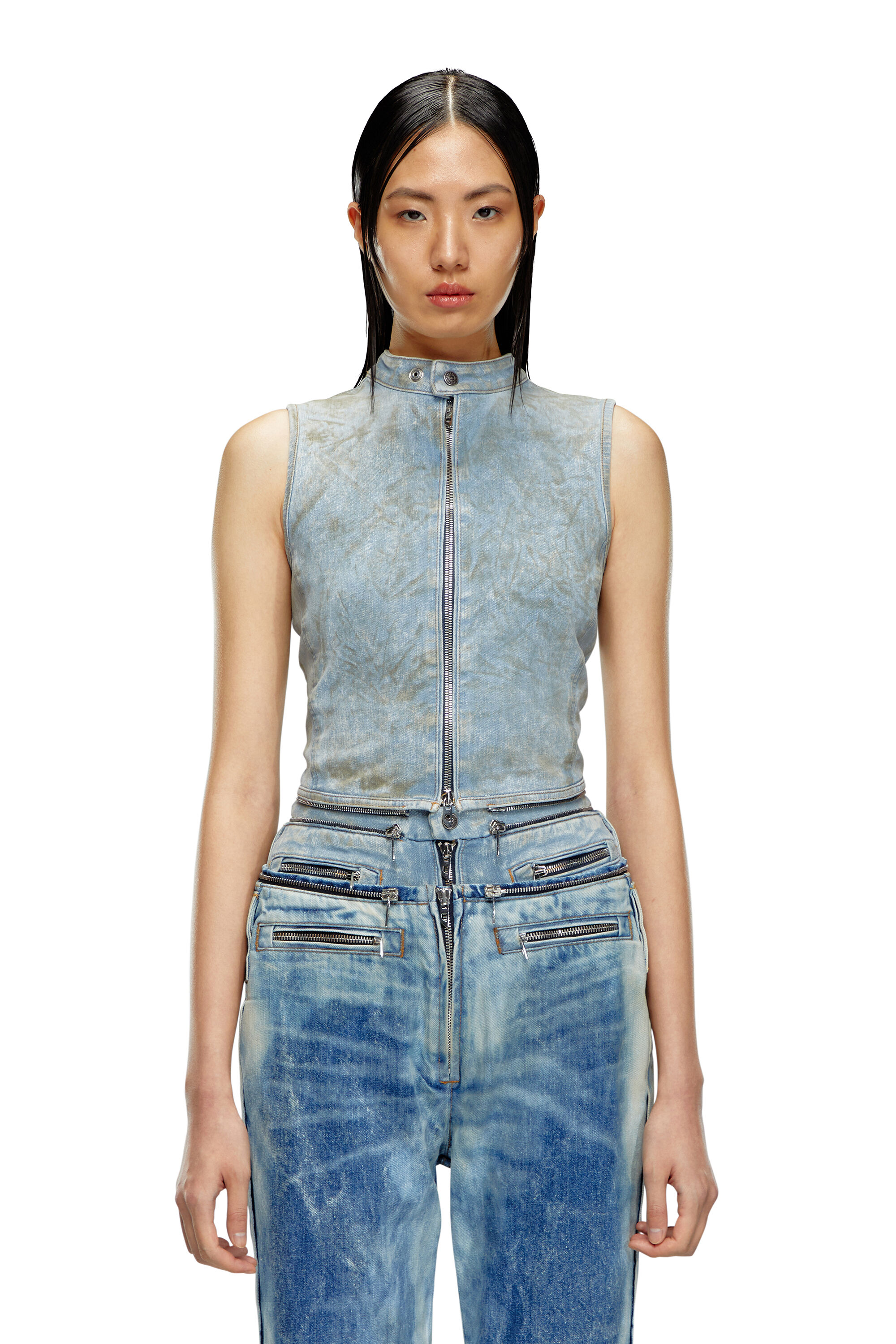 Women's Second-skin denim top with biker details | Blue | Diesel