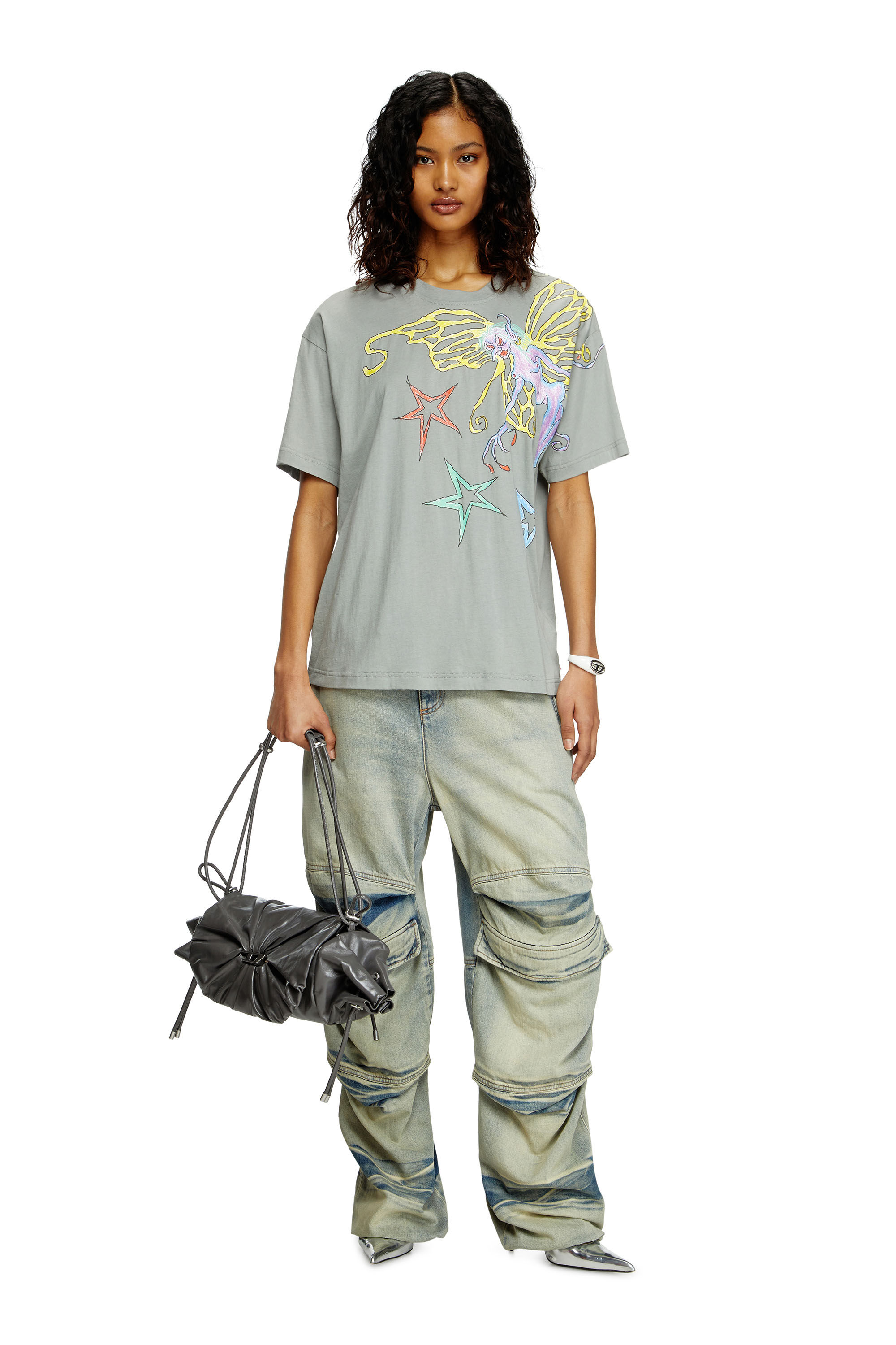 Diesel - T-BUXT-Q1, Damen T-Shirt mit Grafik-Print in Hellgrau - 1