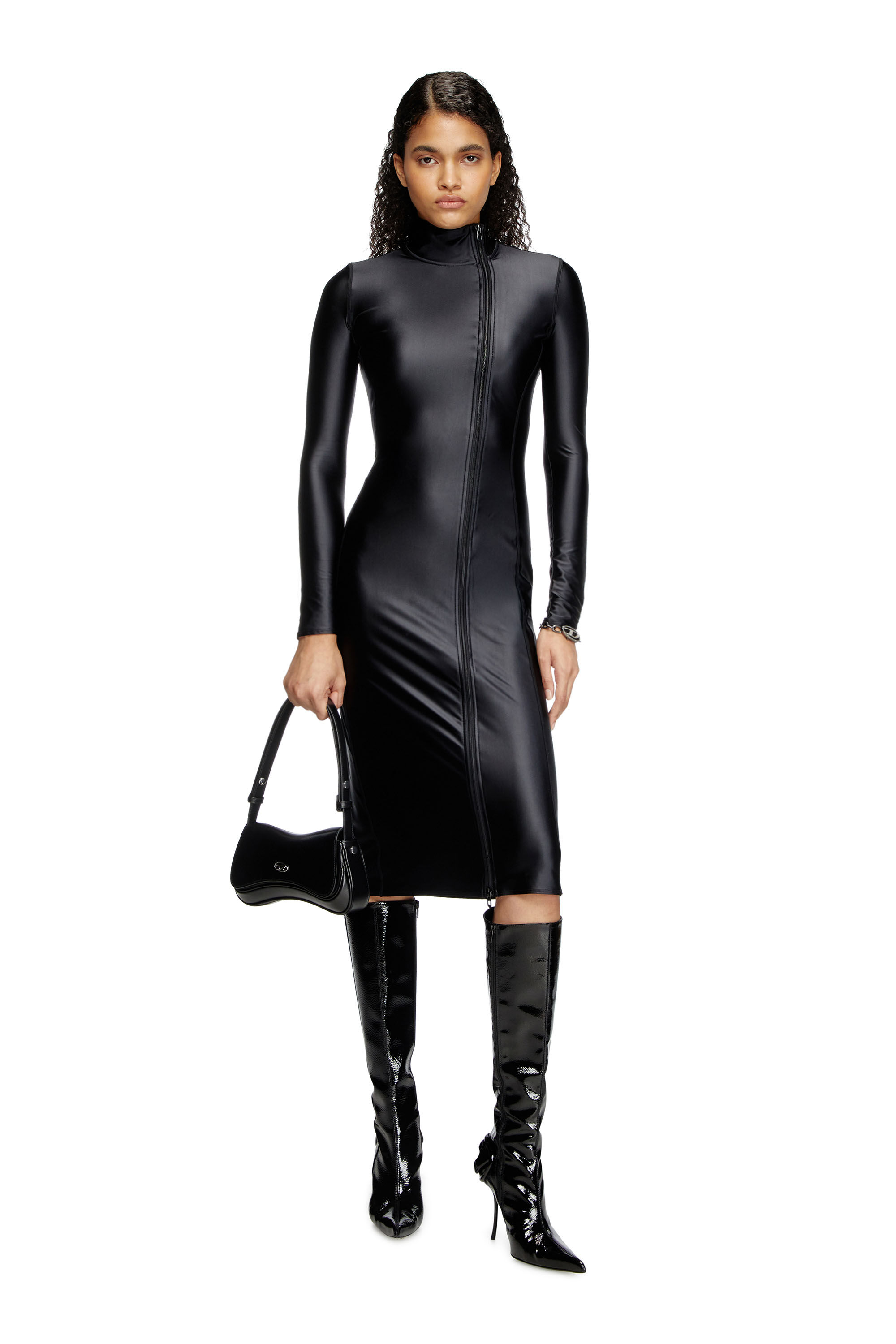 Diesel - D-SILVER, Damen Langarm-Midi-Kleid mit Stehkragen und Finish aus Chintz in Schwarz - 1