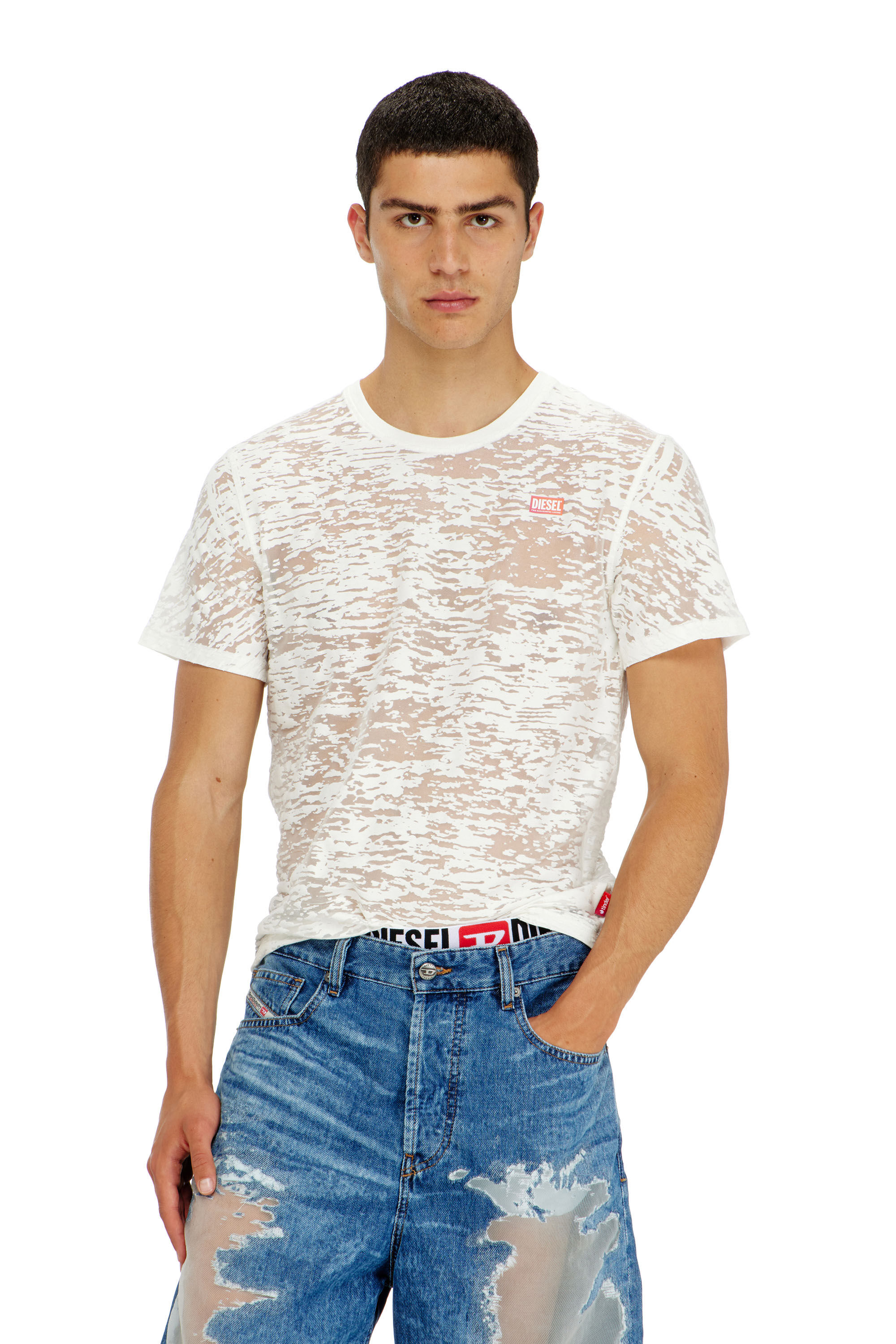 Diesel - PR-T-NOTS-MATI-R, Unisex T-shirt aus all-over devor&eacute;-Jersey in Wei&szlig; - 3