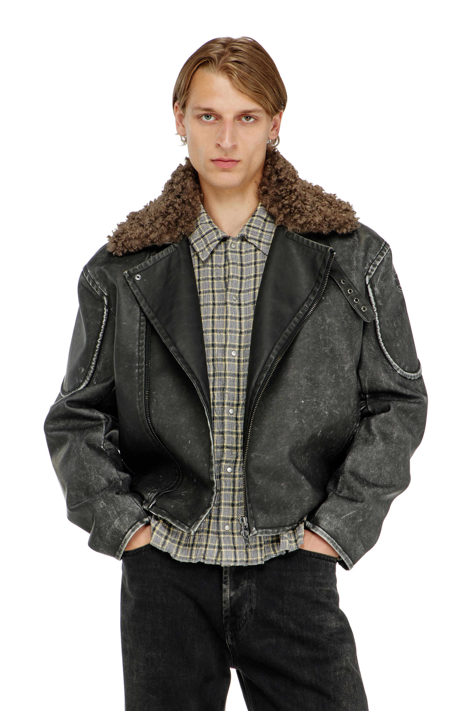 Diesel - W-ALEX, Herren Biker jacket mit abnehmbarem Kragen in Dunkelgrau - 3
