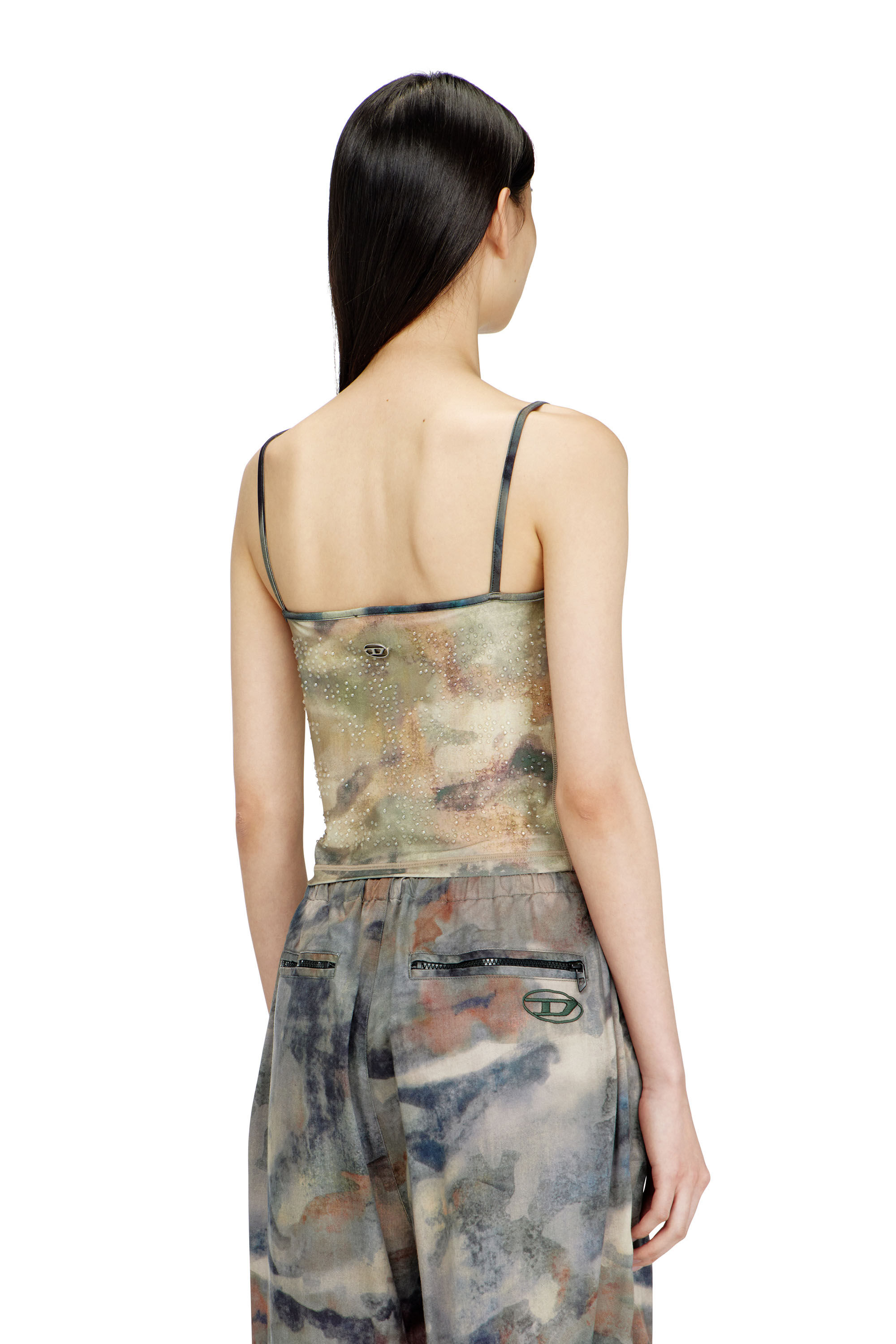 Diesel - T-IPLU, Damen Skinny-Top aus Nylon mit Allover-Camouflage und Kristalldetails in Gr&uuml;n - 4