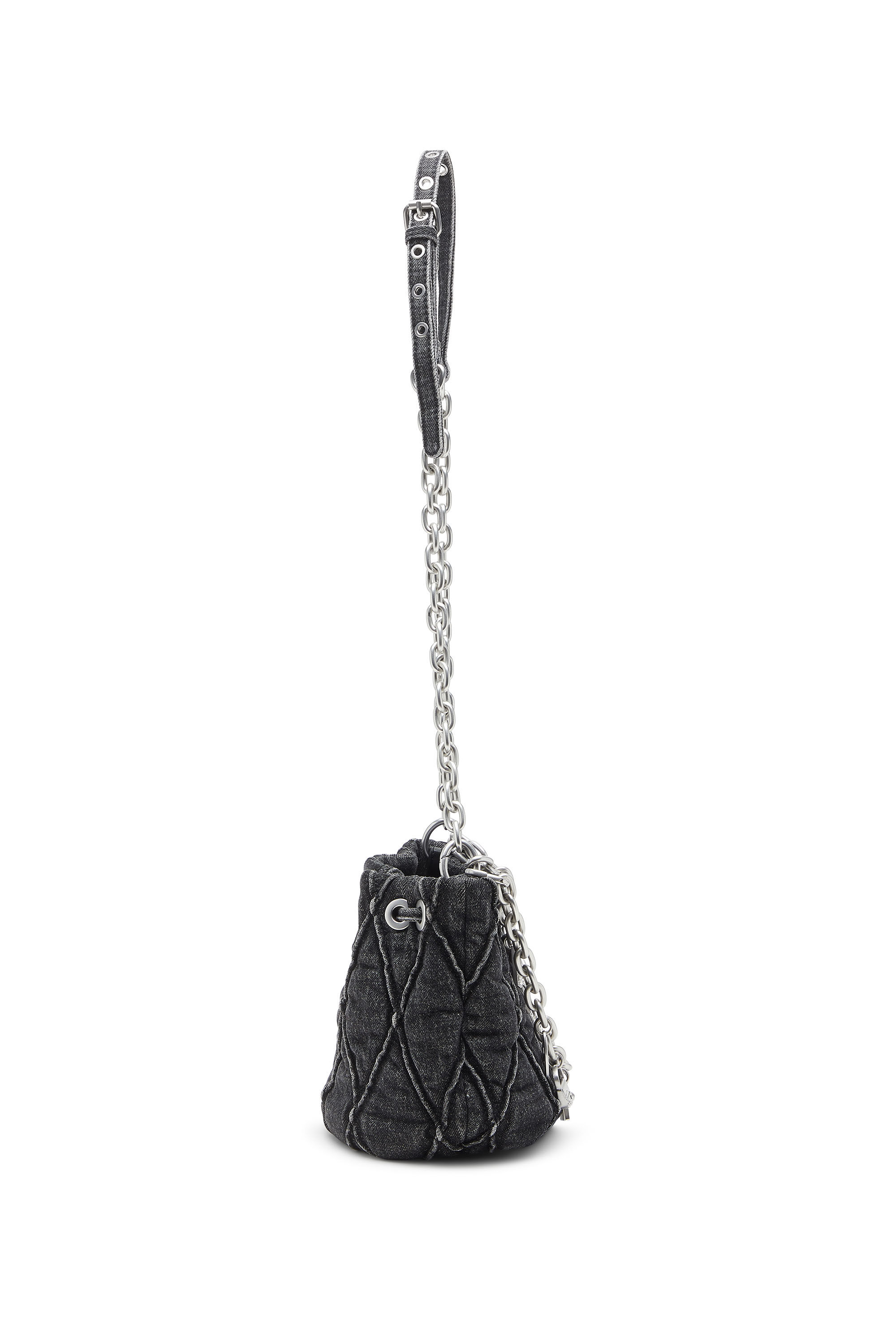 Diesel - HOSHI CHARM-D BUCKET S, Damen Gesteppte Beuteltasche aus Denim mit Kettenanhängern in Schwarz - 4