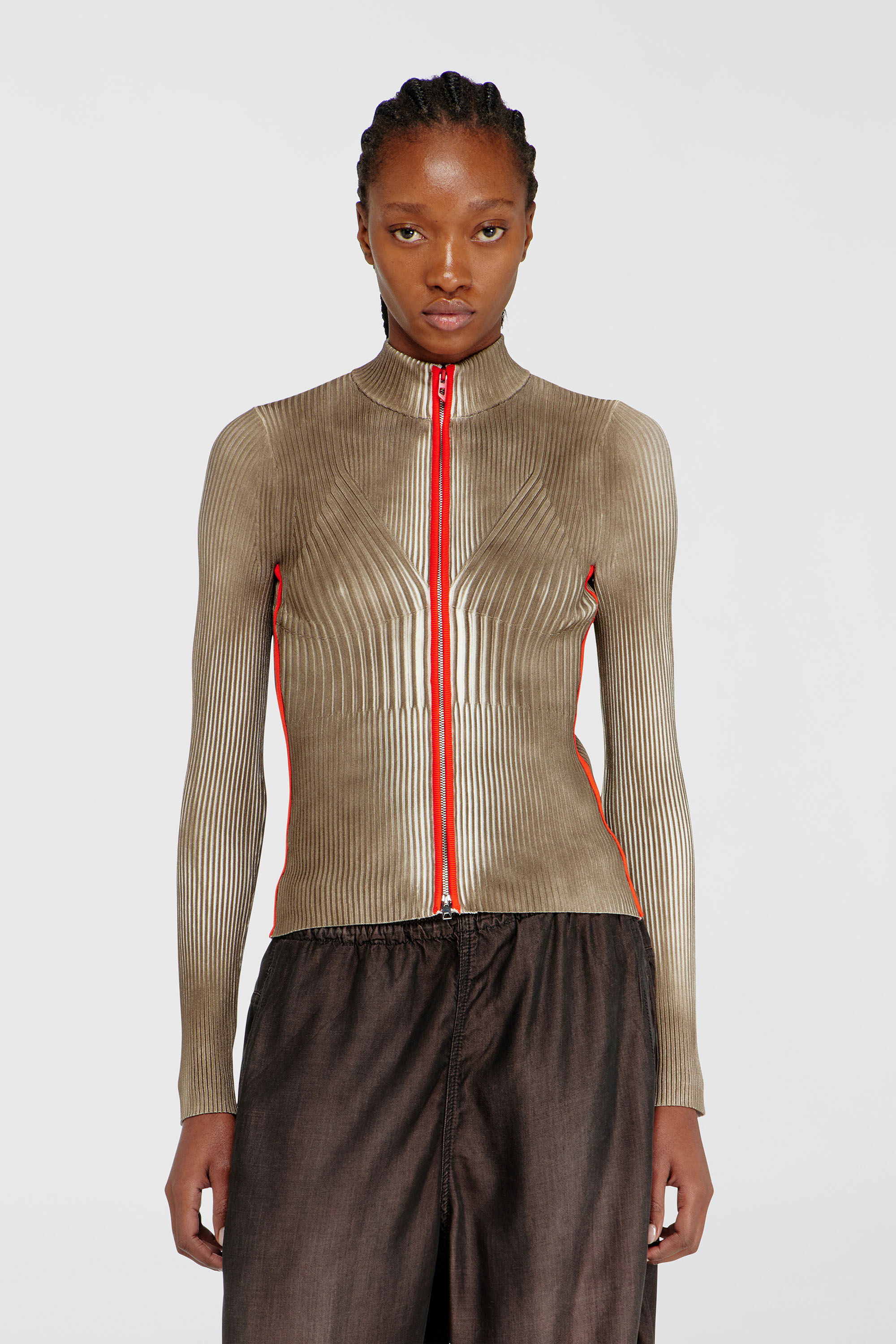 Diesel - M-SARMA, Damen Gerippte zip-Strickjacke mit kontrastierenden Streifen in Rot/Braun - 3