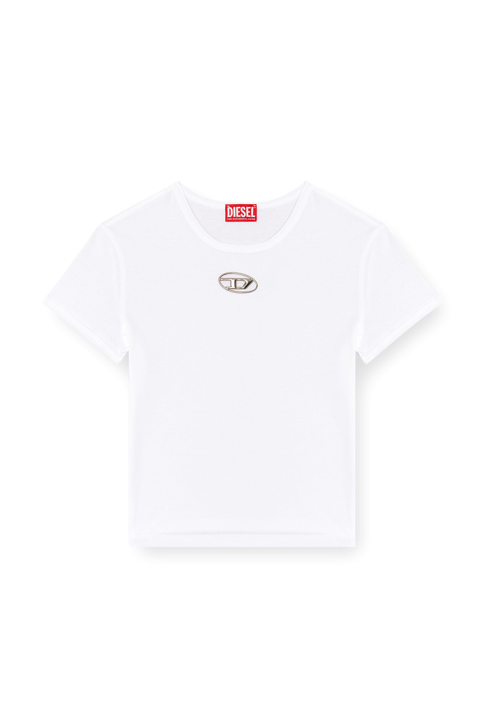 Diesel - T-UNCUTIE-LONG-OD-Q1, Damen T-Shirt in schmalem Fit mit Cut-out-Oval D in Weiß - 2
