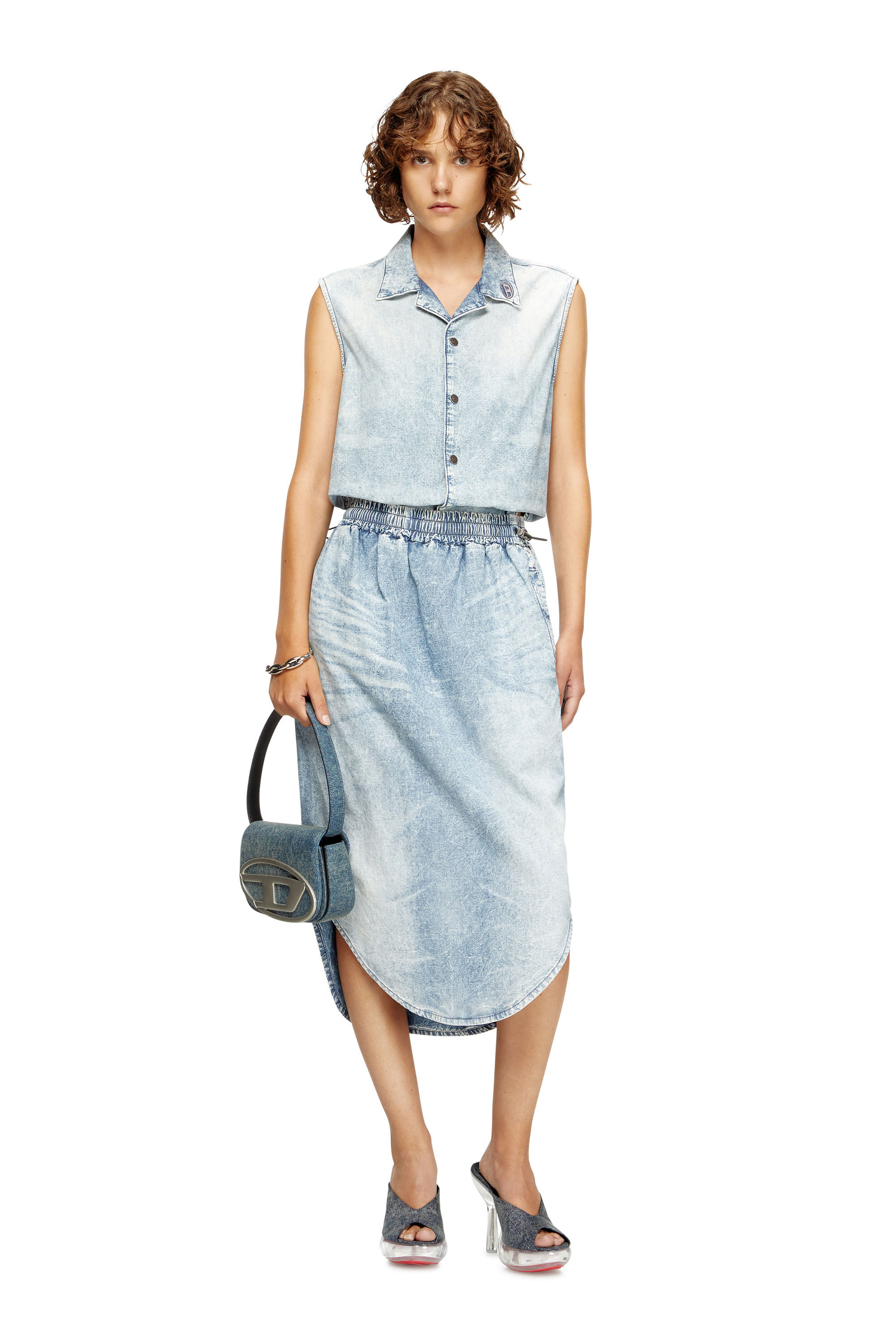 Diesel - DE-ASHLEY-S, Damen Midirock aus marmoriertem Denim in Hellblau - 1