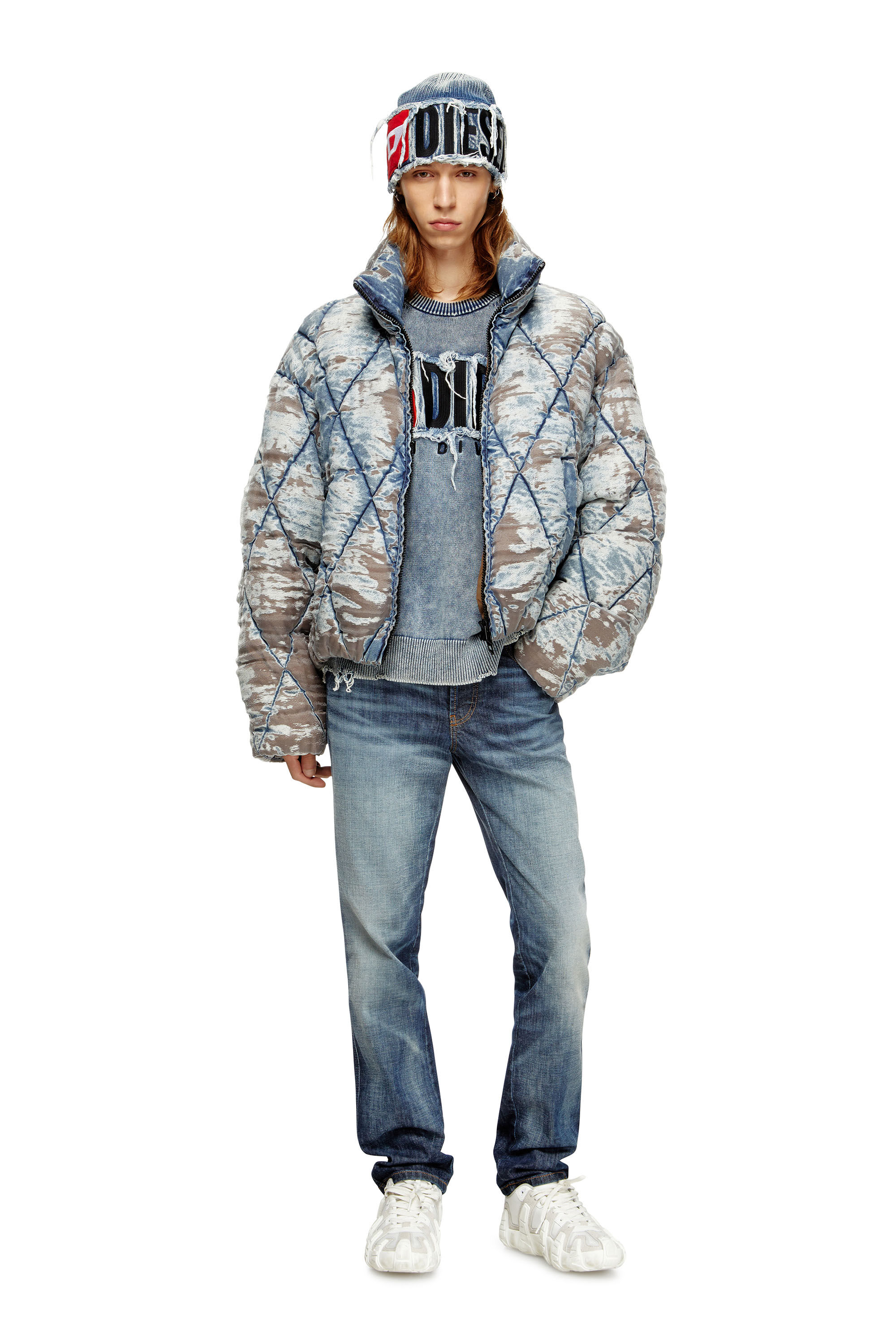 Diesel - W-KONS, Herren Wattierte Jacke aus Argyle-gestepptem Dévoré-Denim in null - 1