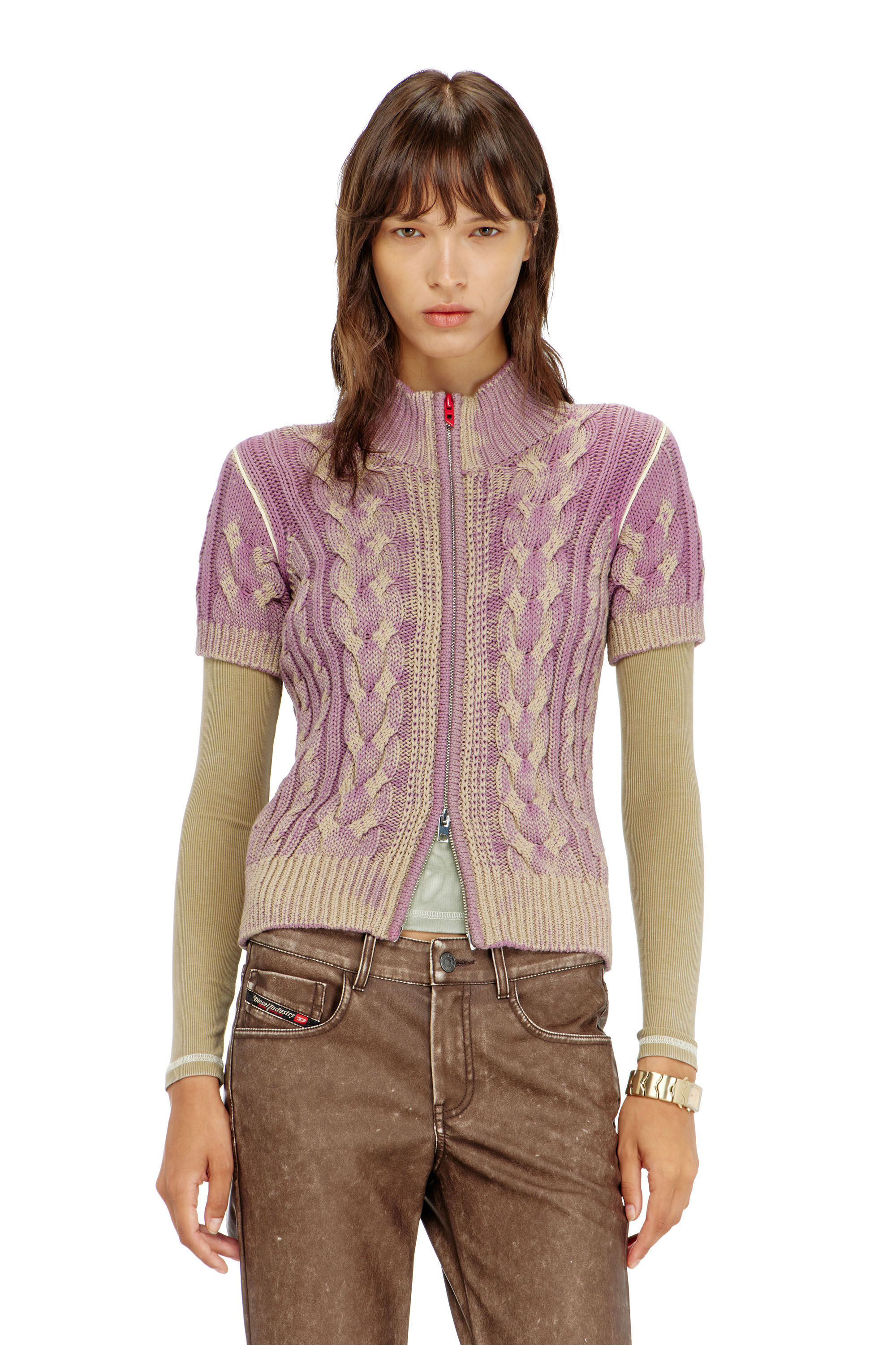 Diesel - M-ELANA, Damen Kurzarm-zip-cardigan im Zopfmuster in Beige/Violett - 3