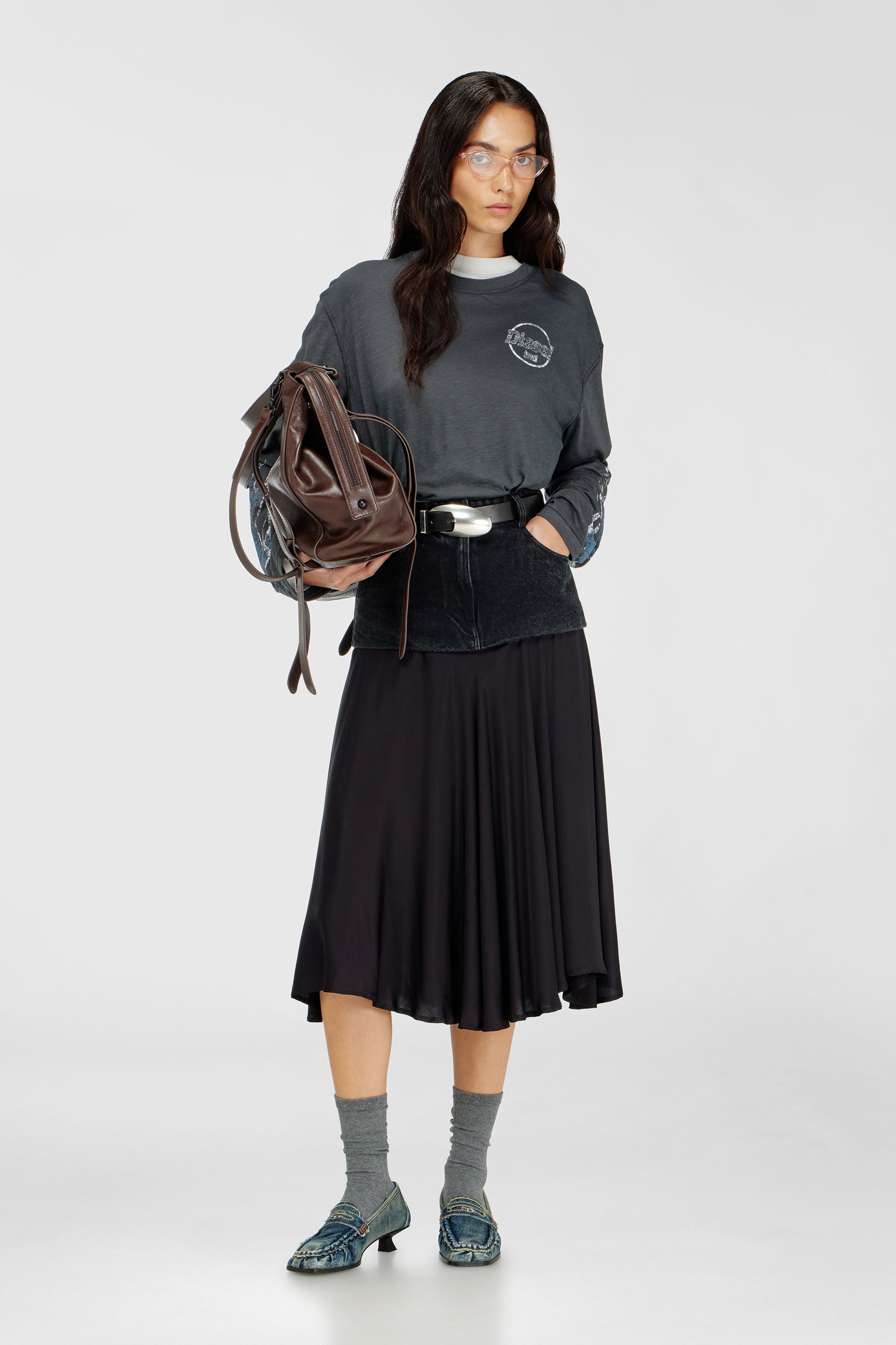 Diesel - T-HILARY-LS-B3, Woman's Long-sleeve T-shirt in slub jersey with crack print in Dark grey - 1