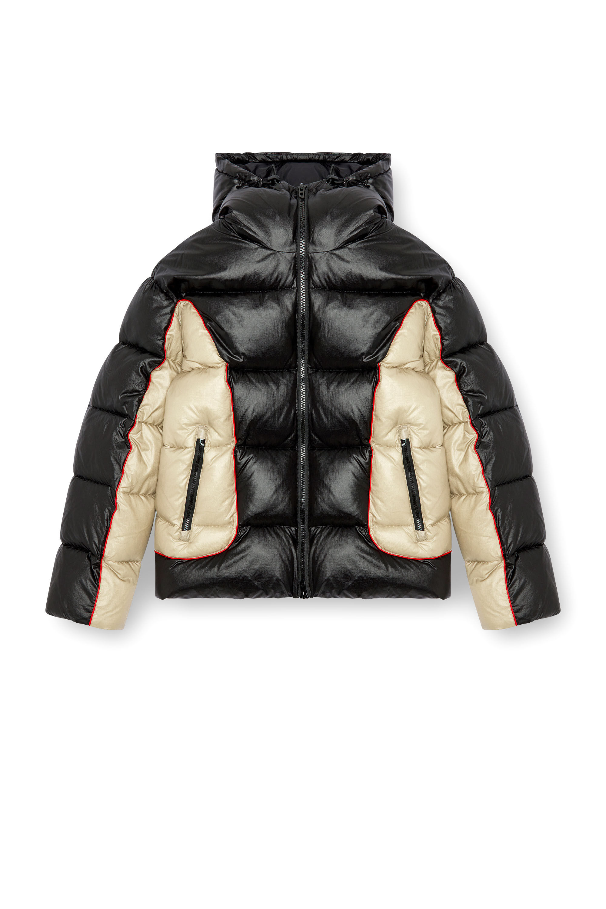 Diesel - W-OSTEND, Herren Pufferjacke mit Kapuze aus gl&auml;nzendem Ripstop in Schwarz/Beige - 2