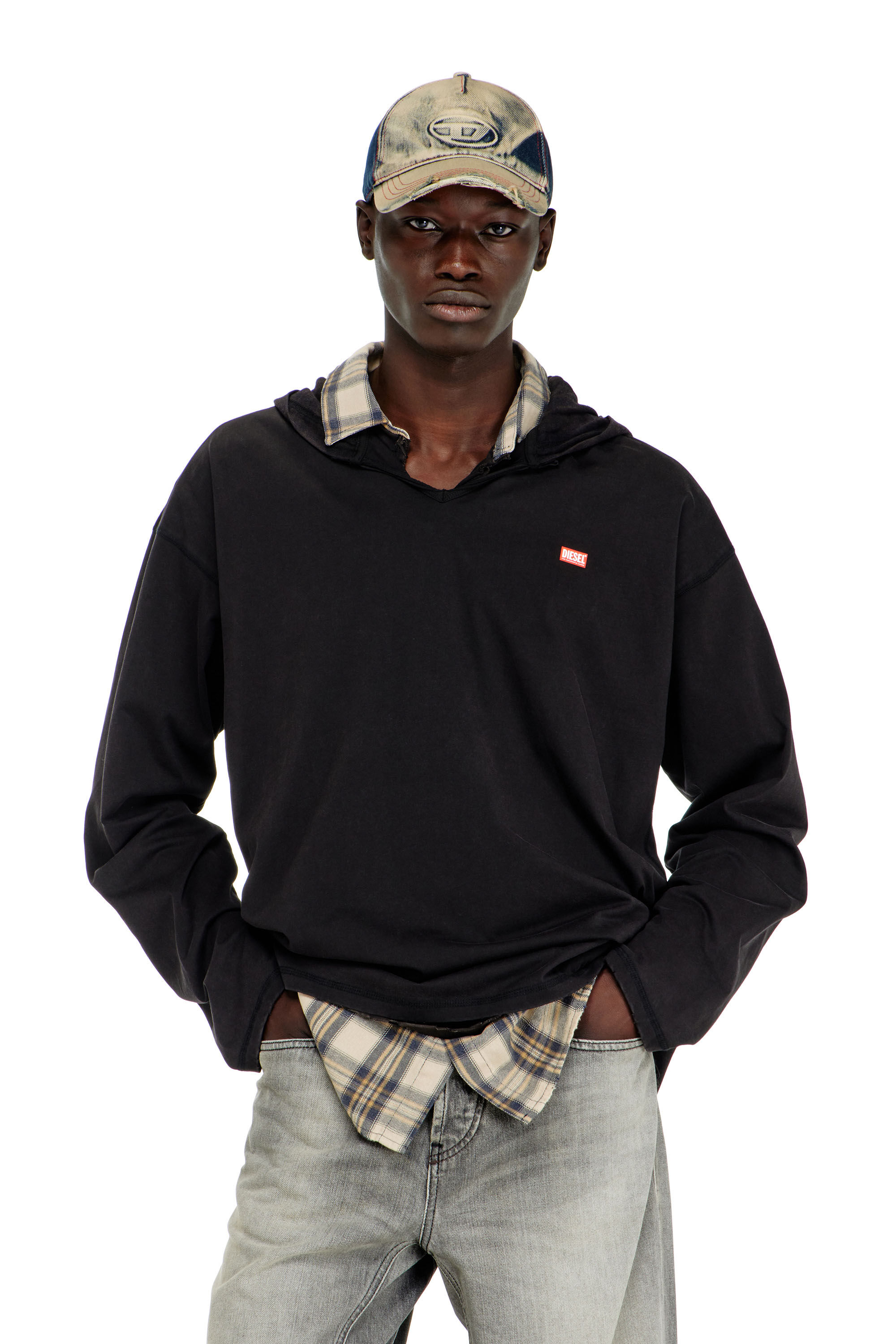 Diesel - T-BOXT-LS-HOOD-CHECK, Herren Langarm-T-Shirt mit Flanell-Kapuze in null - 3
