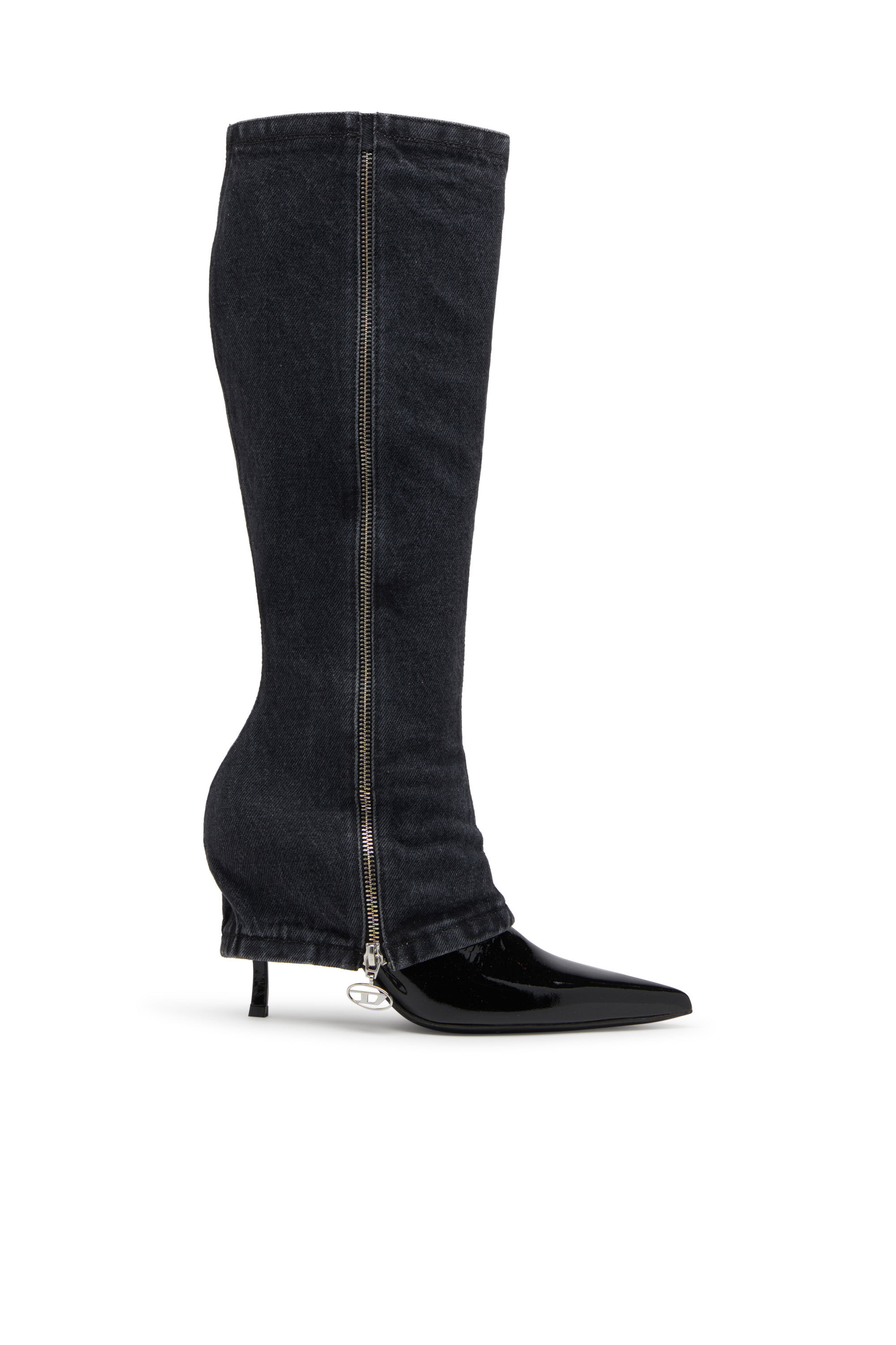 Diesel - D-VENUS TWISTED BOOT, Damen D-Venus-Stiletto-Kniestiefel mit Jeans-Trompe l'œil in Schwarz - 1