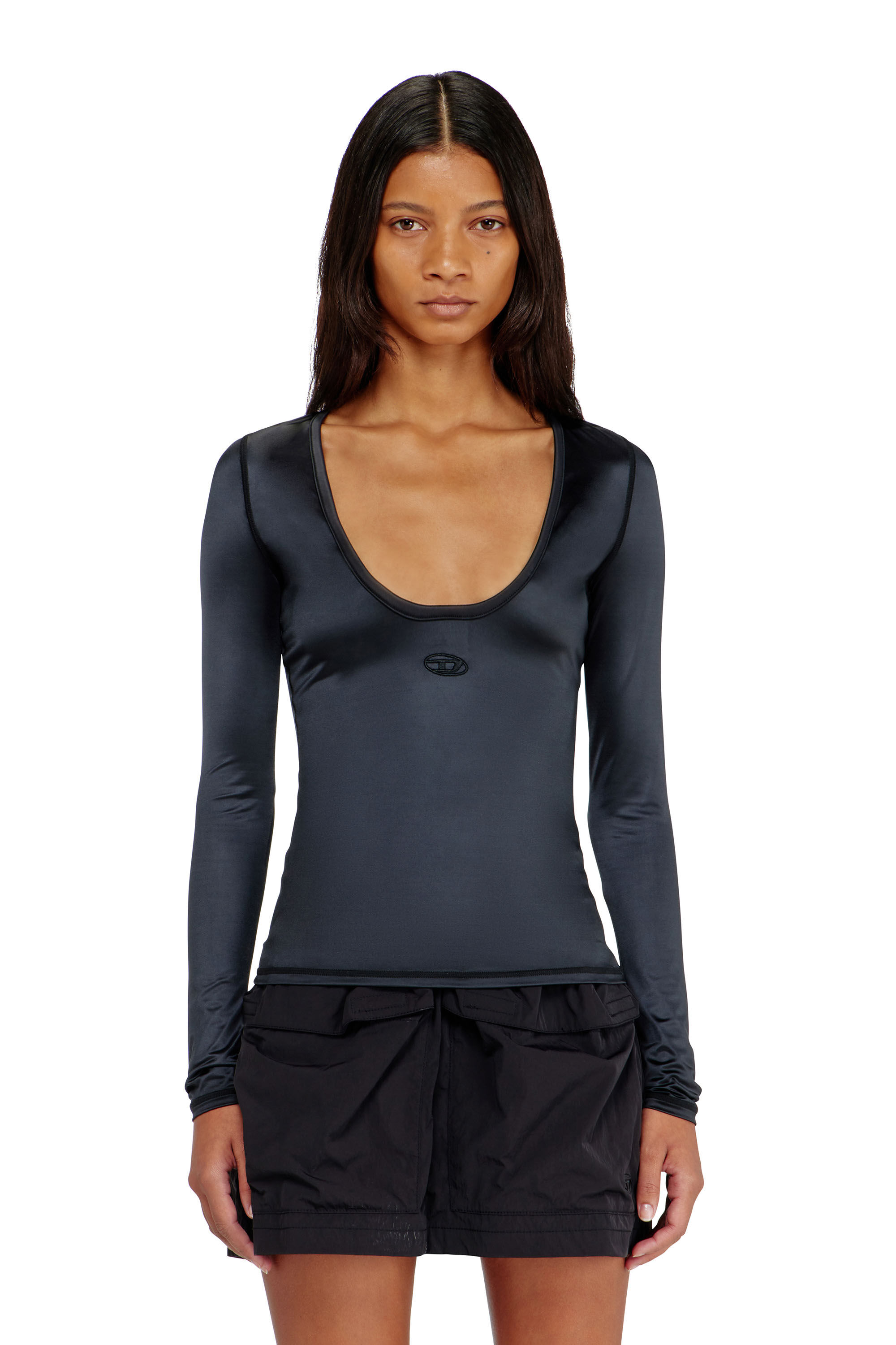 Diesel - T-ELPHIN-LS, Damen Nylon slim top mit Rundhalsausschnitt und Logo Oval D Stickerei in Schwarz - 3
