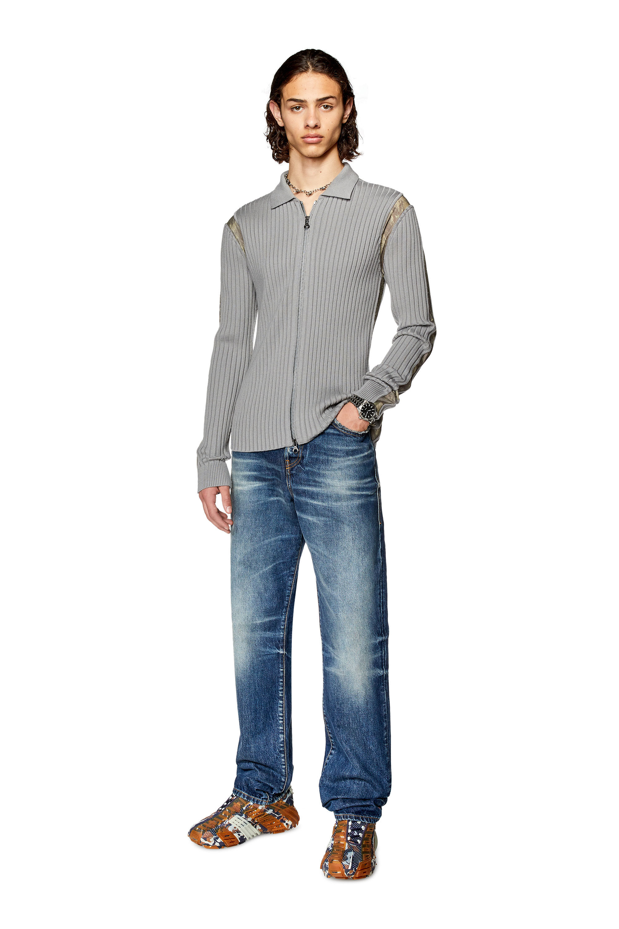 Diesel - K-LIPSI, Man's Ribbed cardigan with Planet-camo inserts in Grey - 1