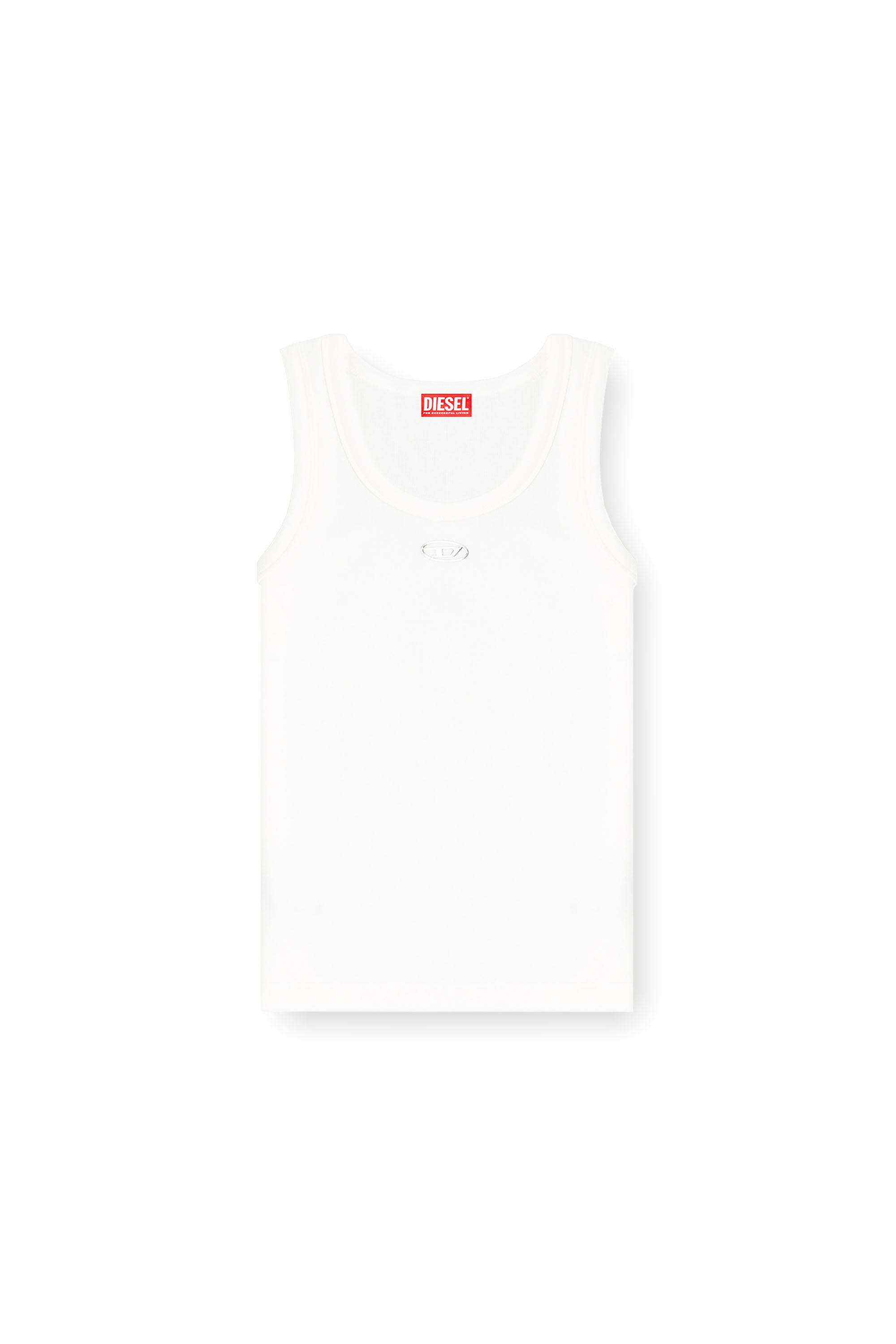 Diesel - T-ANKI-OD, Damen Schmal geschnittenes, geripptes Tanktop mit metallischem Oval D in Wei&szlig; - 2