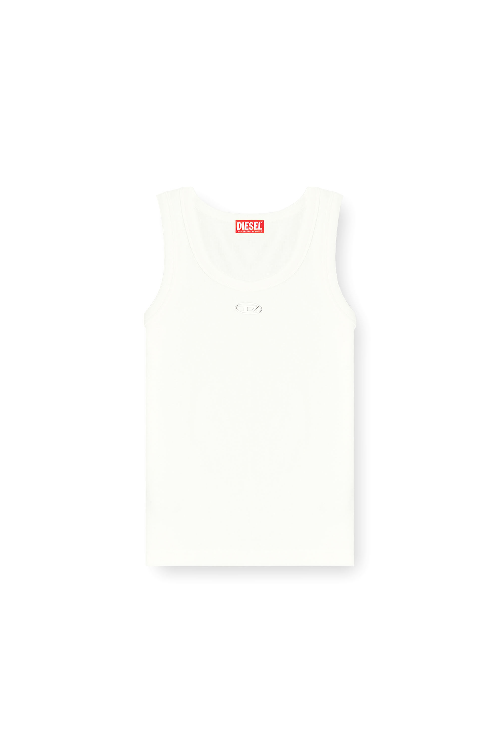 Diesel - T-ANKI-OD, Damen Schmal geschnittenes, geripptes Tanktop mit metallischem Oval D in Wei&szlig; - 2