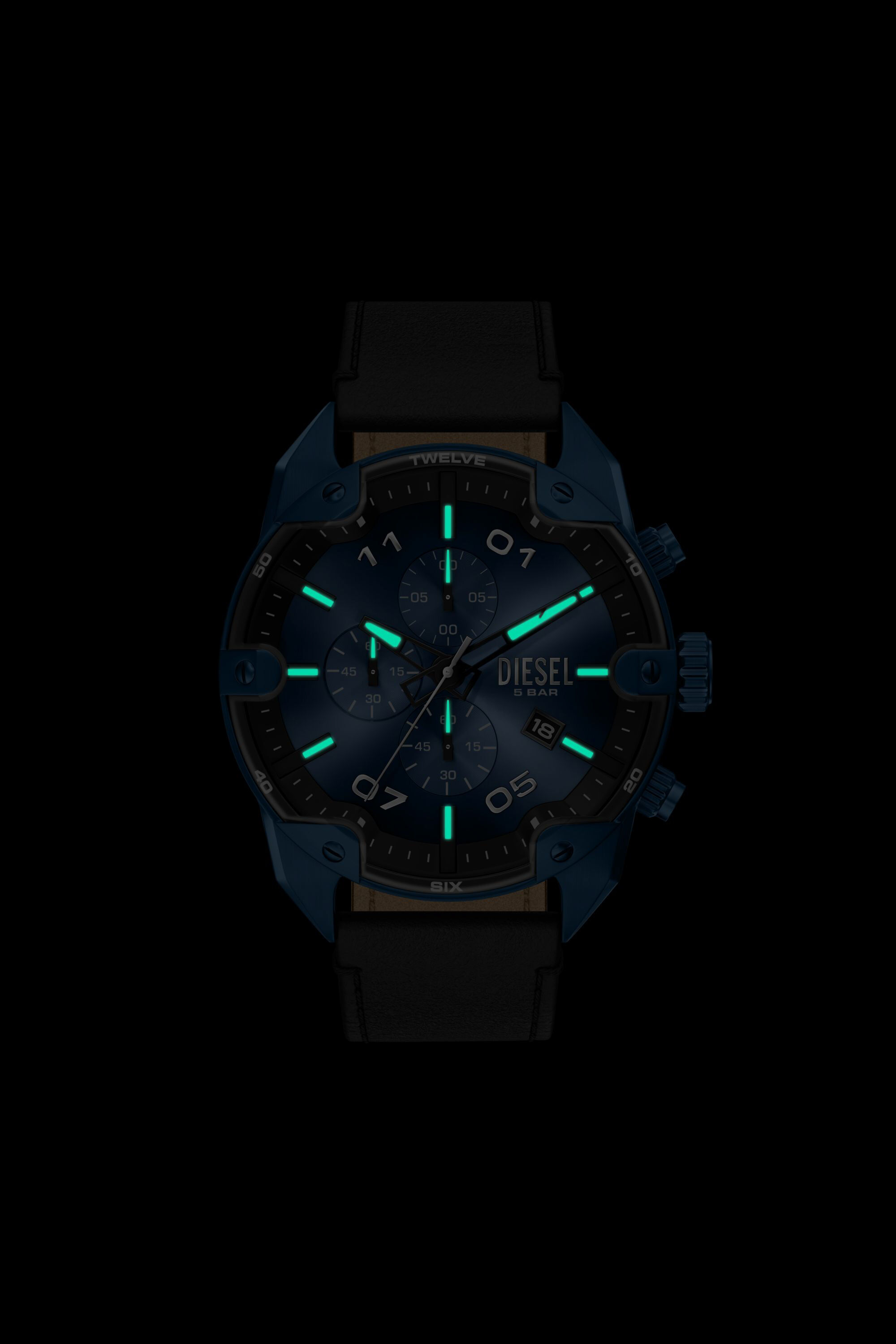 Diesel - DZ4703 WATCH, Man's Spiked Chronograph Black Leather Watch in Black/Blue - 6