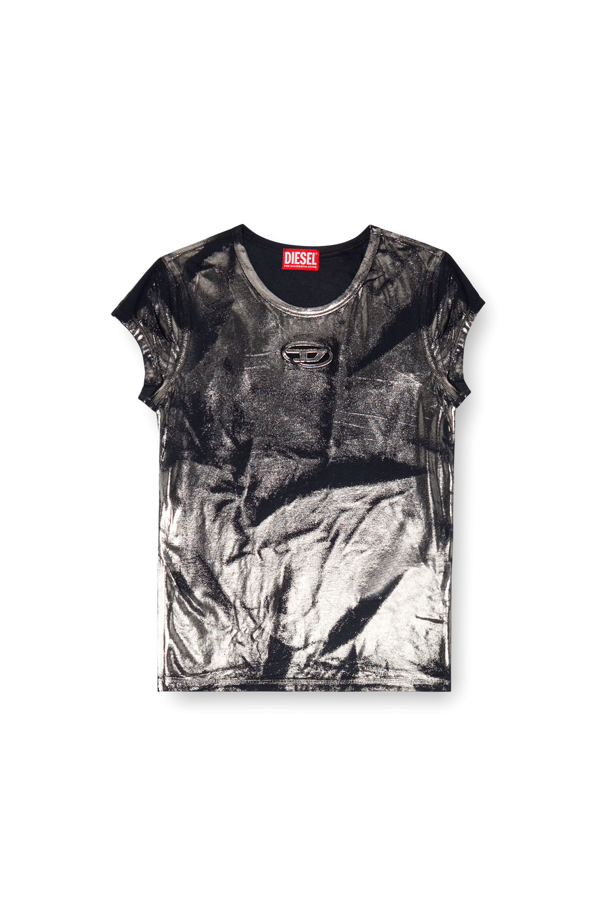 Diesel - T-ANGIE-P1, Woman Foiled T-shirt with cut-out logo in Black - Image 2