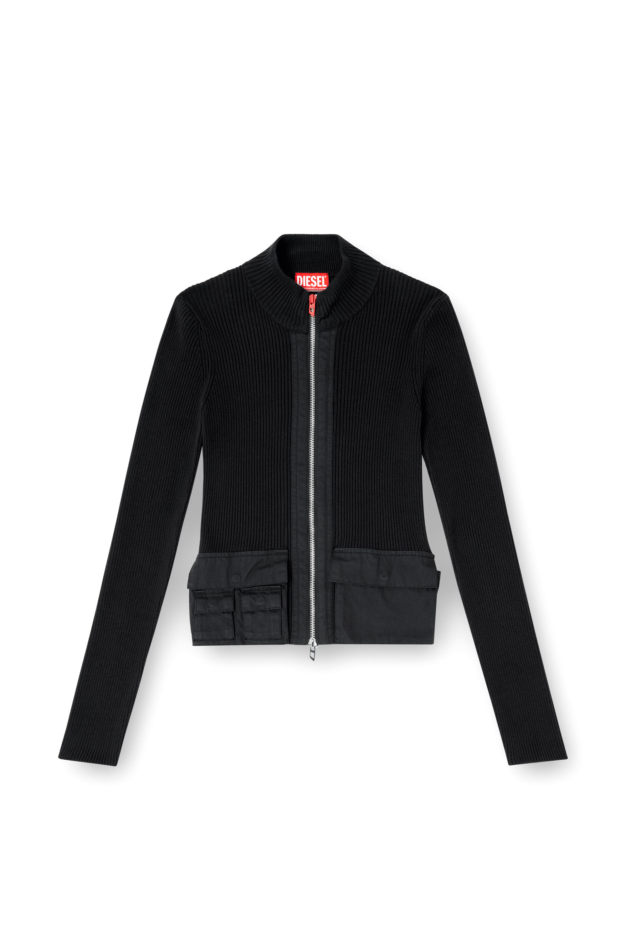 Diesel - M-MELISSA, Damen Geripptes Cardigan mit Cargotaschen in Schwarz - 2