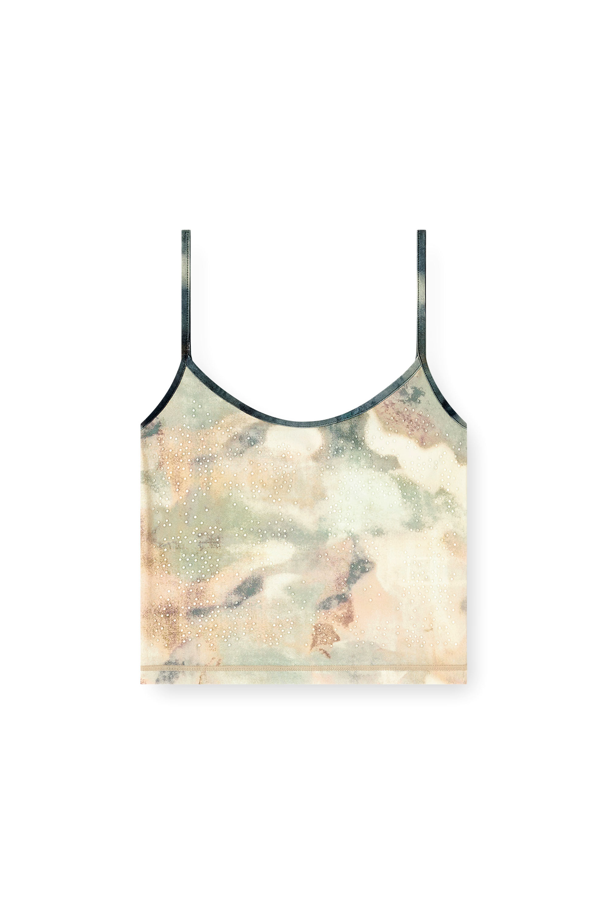 Diesel - T-IPLU, Damen Skinny-Top aus Nylon mit Allover-Camouflage und Kristalldetails in Gr&uuml;n - 2