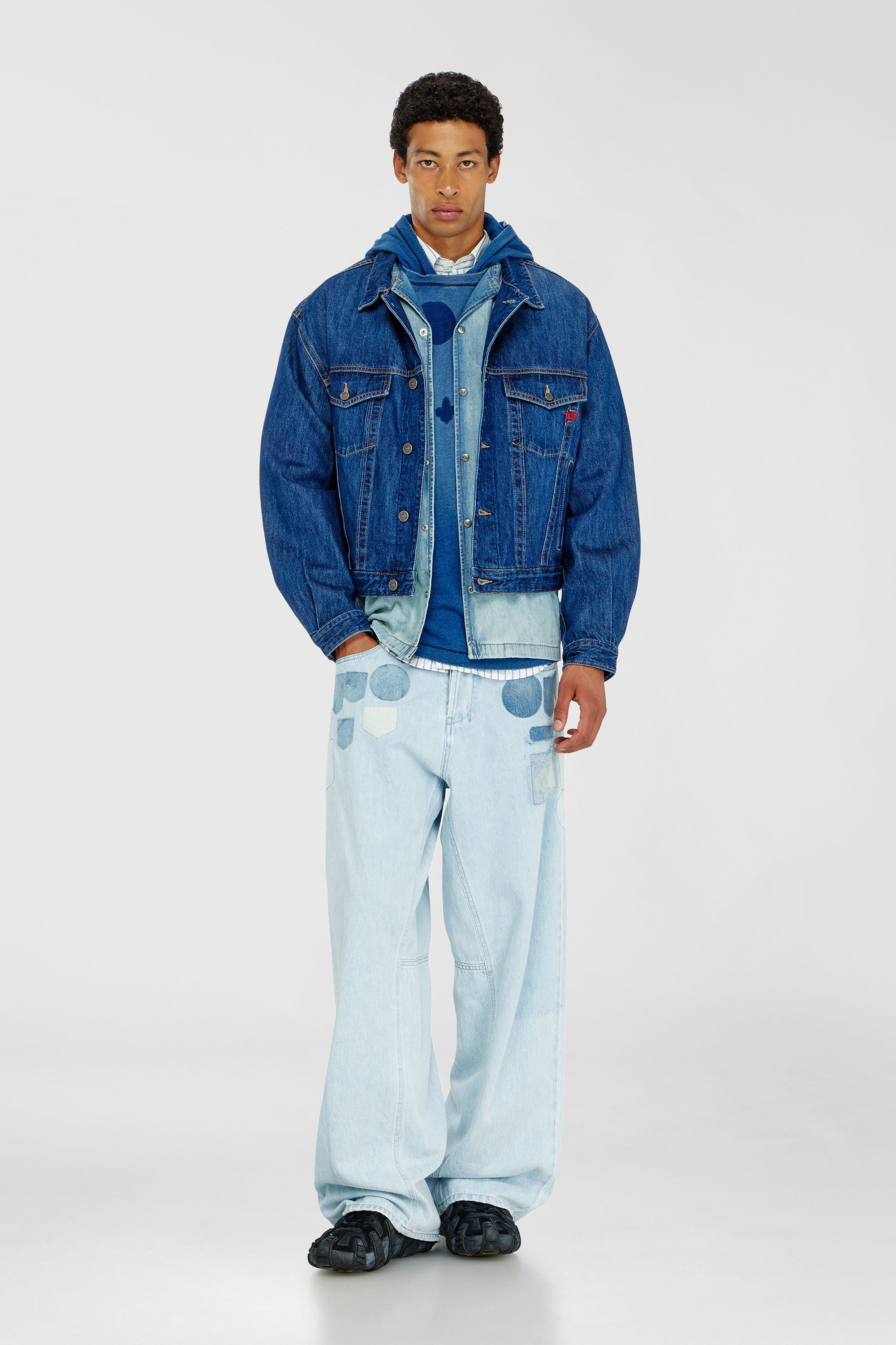 Diesel - T-NOX-LS-HOOD, Man's Hooded long-sleeve T-shirt with shadow-effect patches in Medium blue - 1