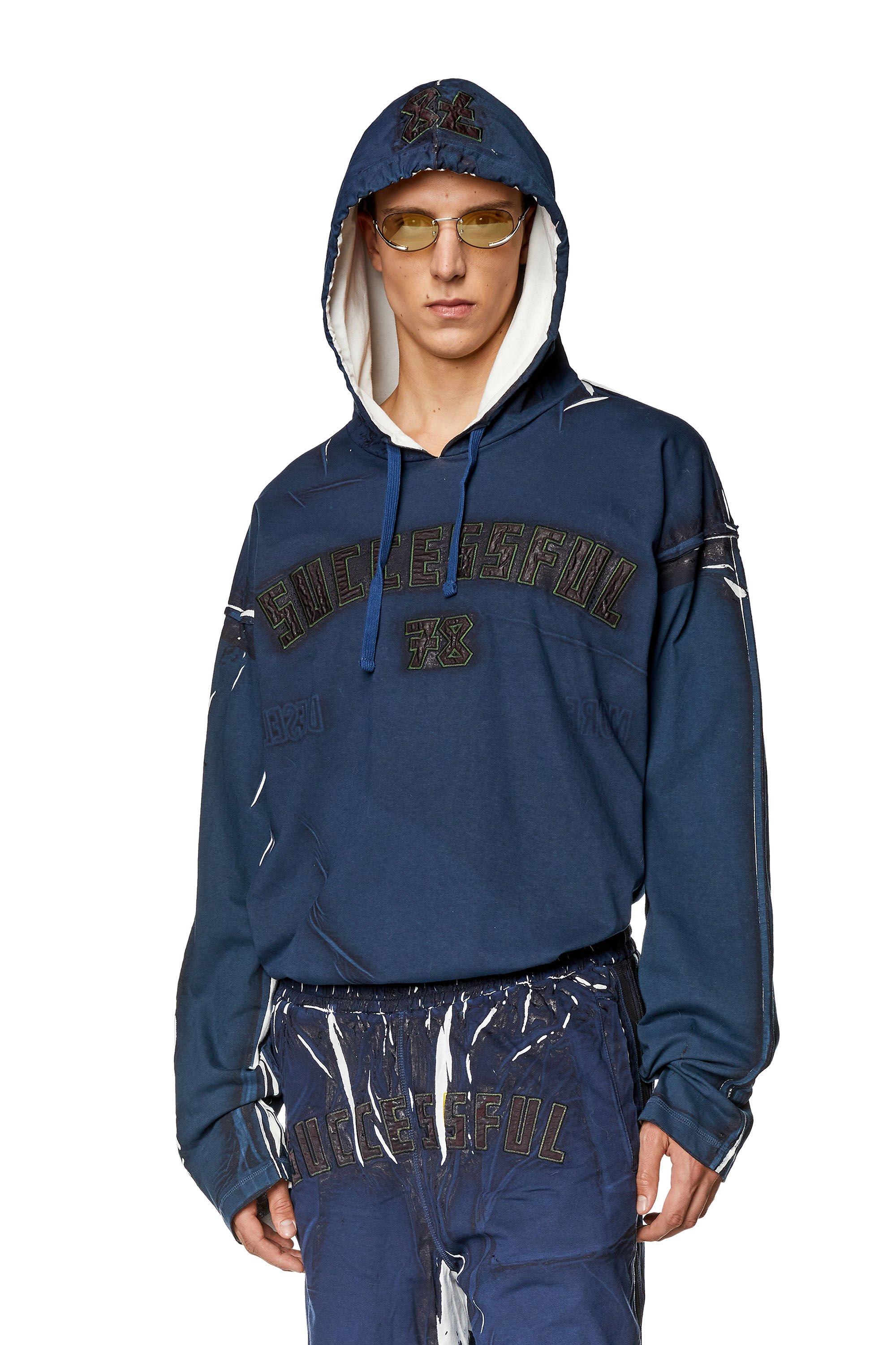 Diesel - T-NABEL-HOOD-LS, Herren Top mit Kapuze und Print und Logo-Applikationen in Dunkelblau - 3
