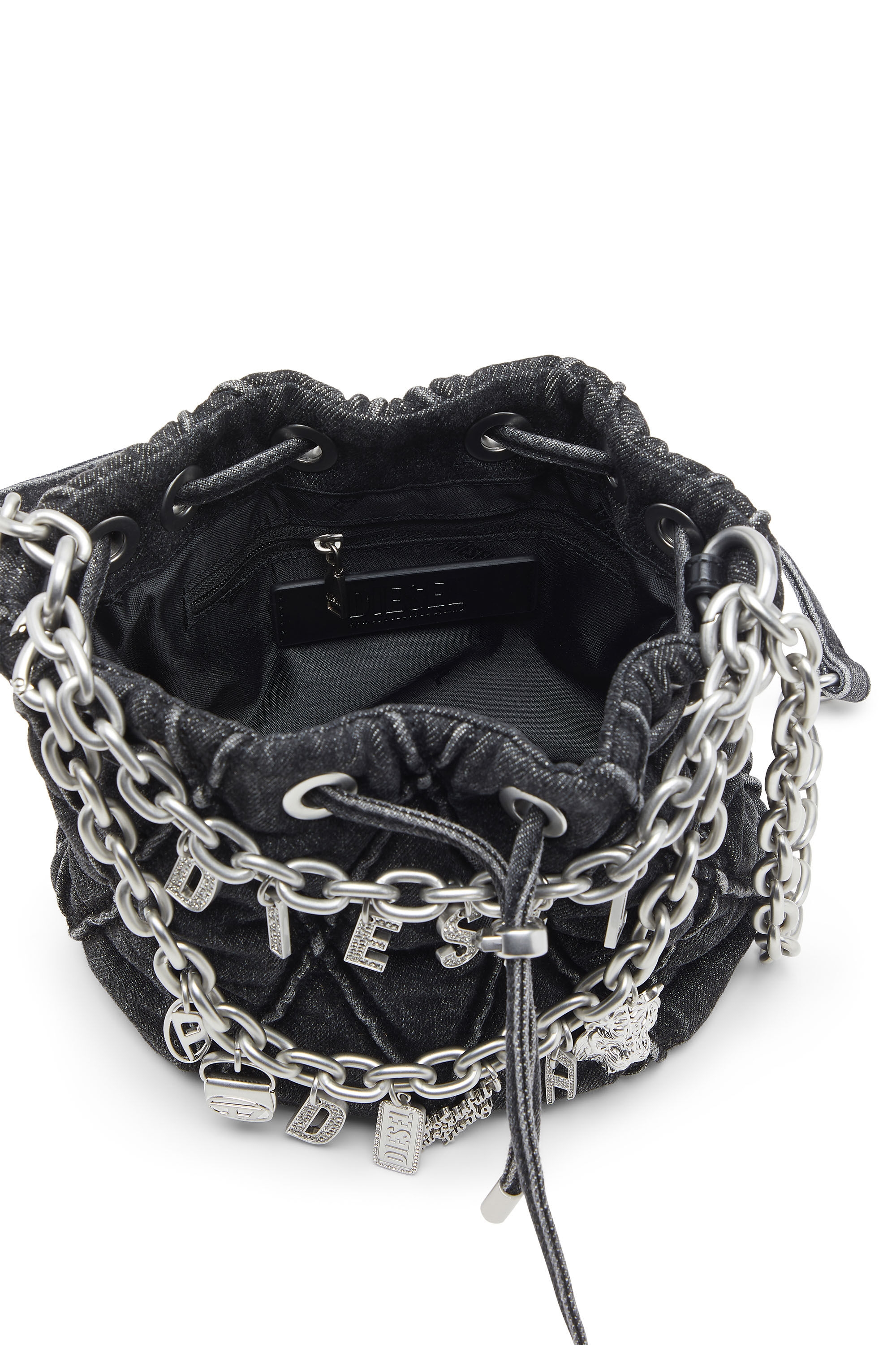 Diesel - HOSHI CHARM-D BUCKET S, Damen Gesteppte Beuteltasche aus Denim mit Kettenanhängern in Schwarz - 5