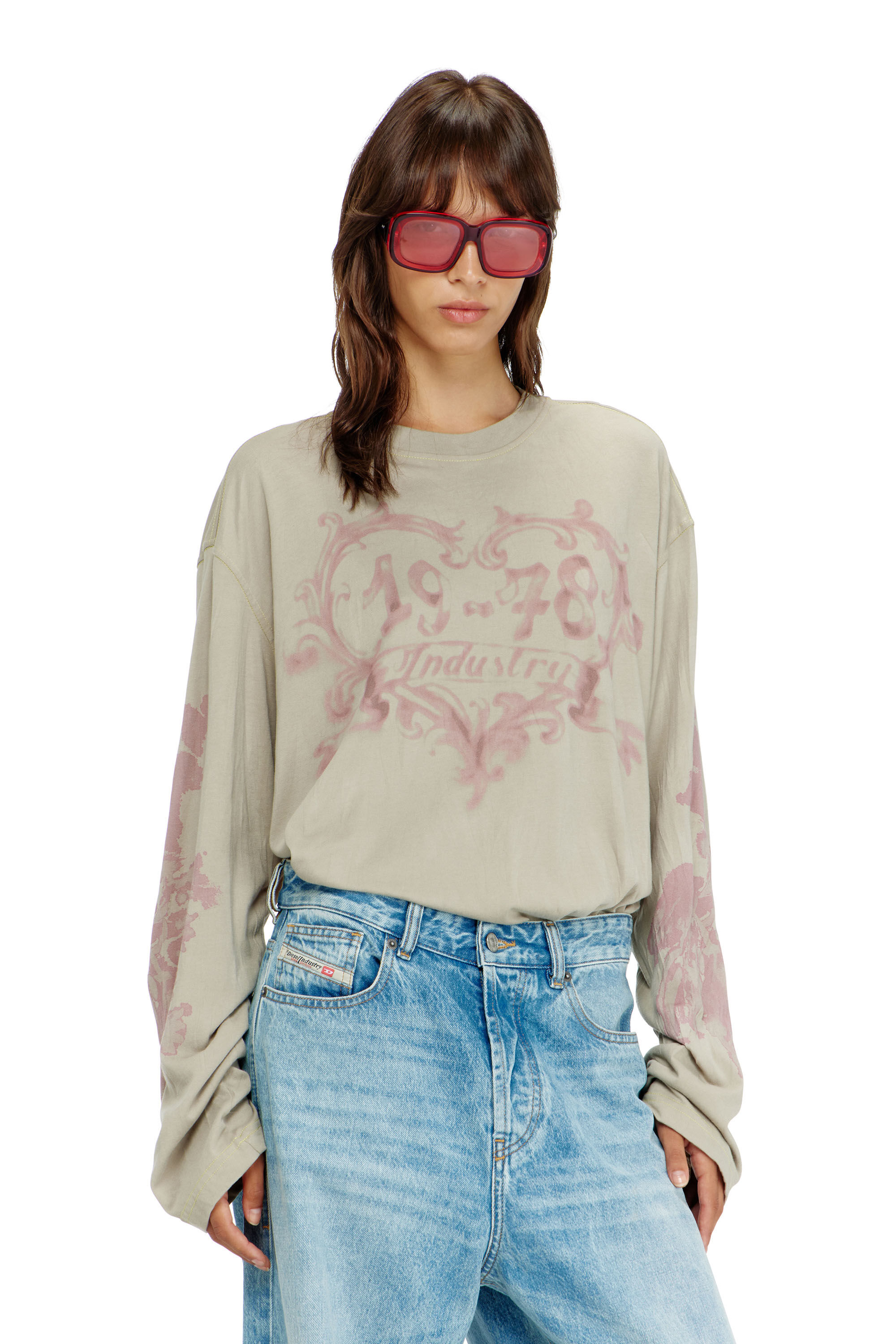 Diesel - T-HILARY-LS-AA1, Damen Langarmshirt aus Baumwolle mit Grafikprint in Rosa/Beige - 3