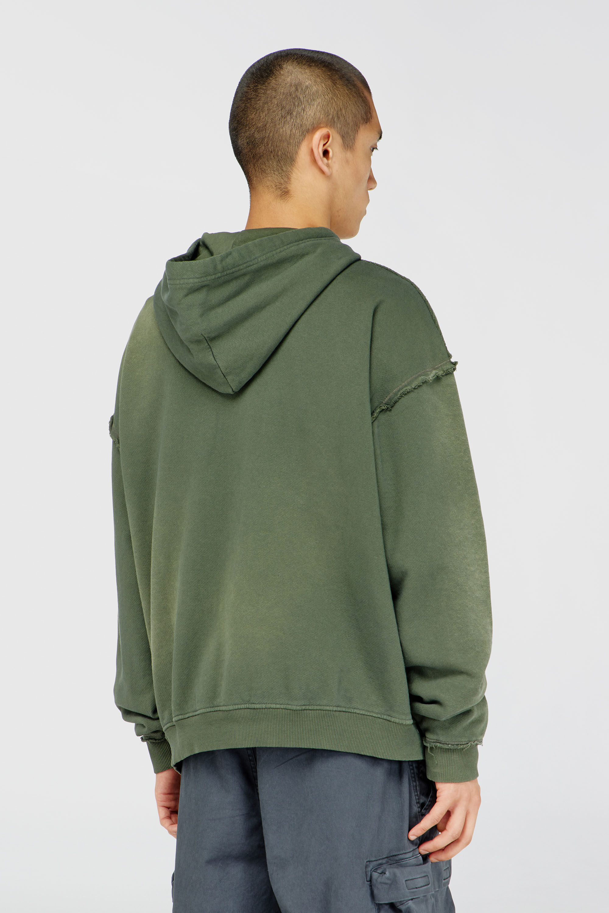 Diesel - S-POCK-HOOD, Herren Verblasster Baumwoll-Hoodie mit ausgefransten Details in Armeegr&uuml;n - 4