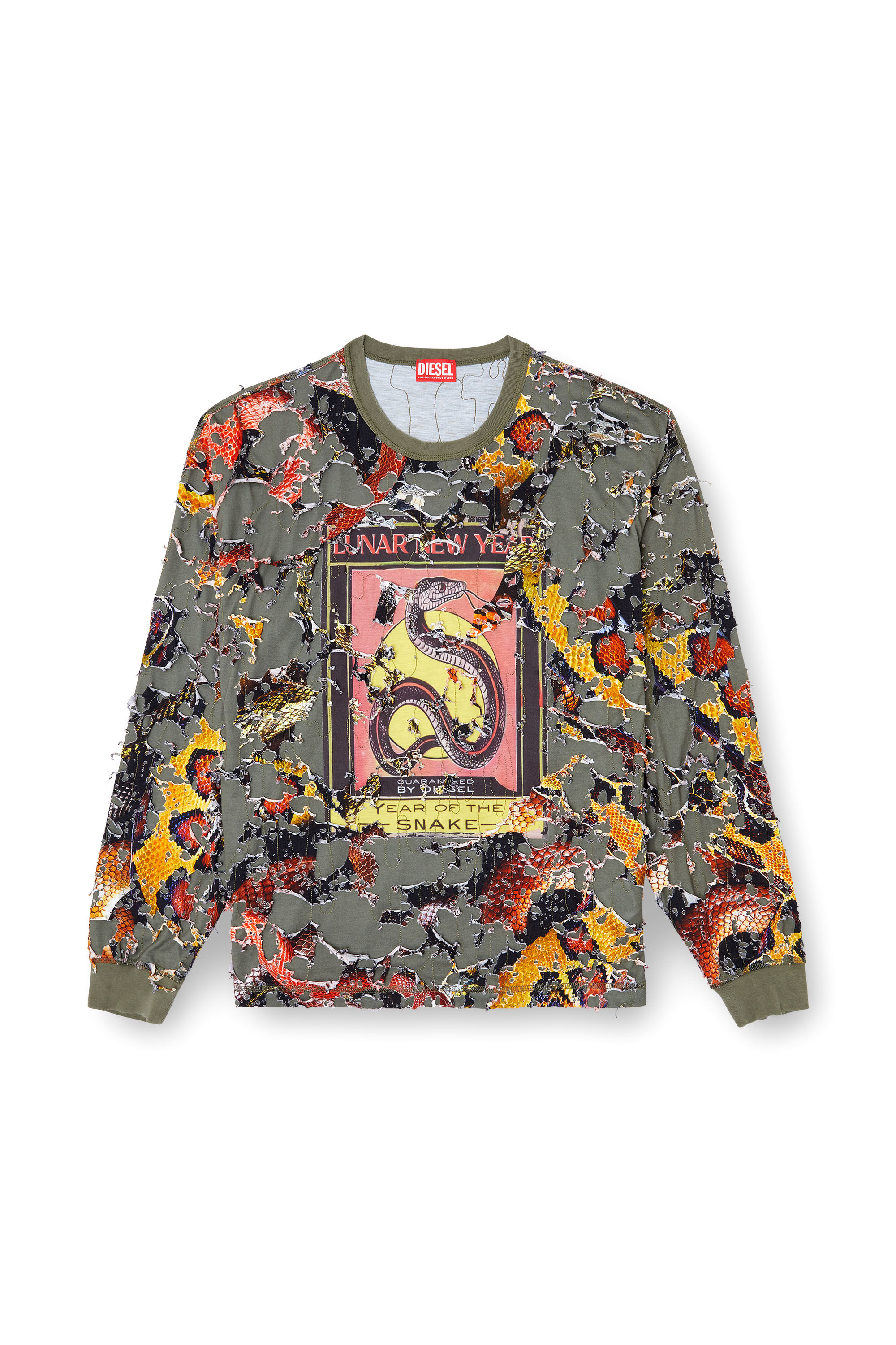 Diesel - CL-T-BOXT-LS-DEVOR-SNAKE, Unisex Langarm-Destroyed-T-Shirt mit Schlangen-Print in Olivgrün - 2