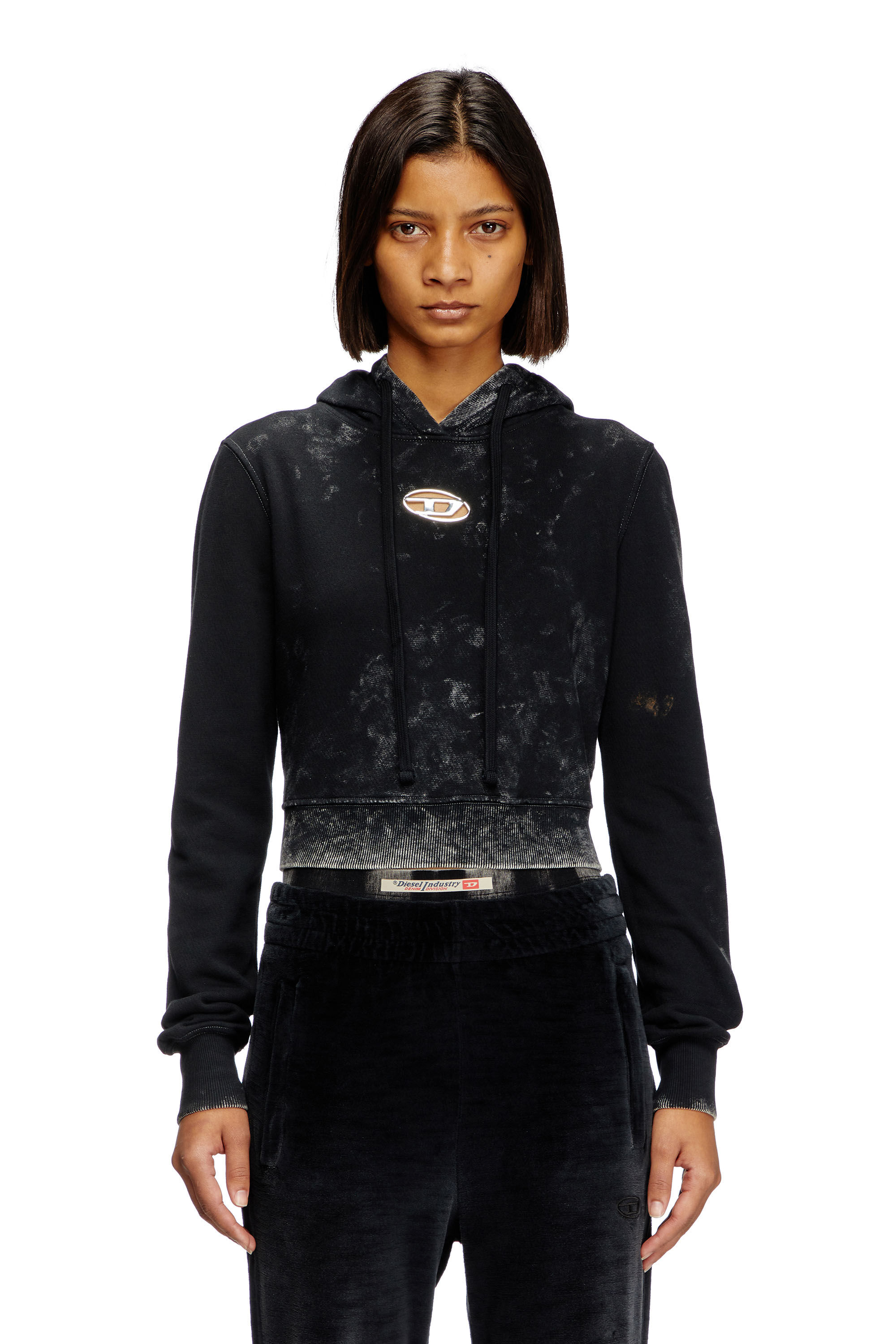 Diesel - F-SLIMMY-HOOD-P5, Damen Verblasster Cut-out-Hoodie mit Metall-Logo in Schwarz - 3