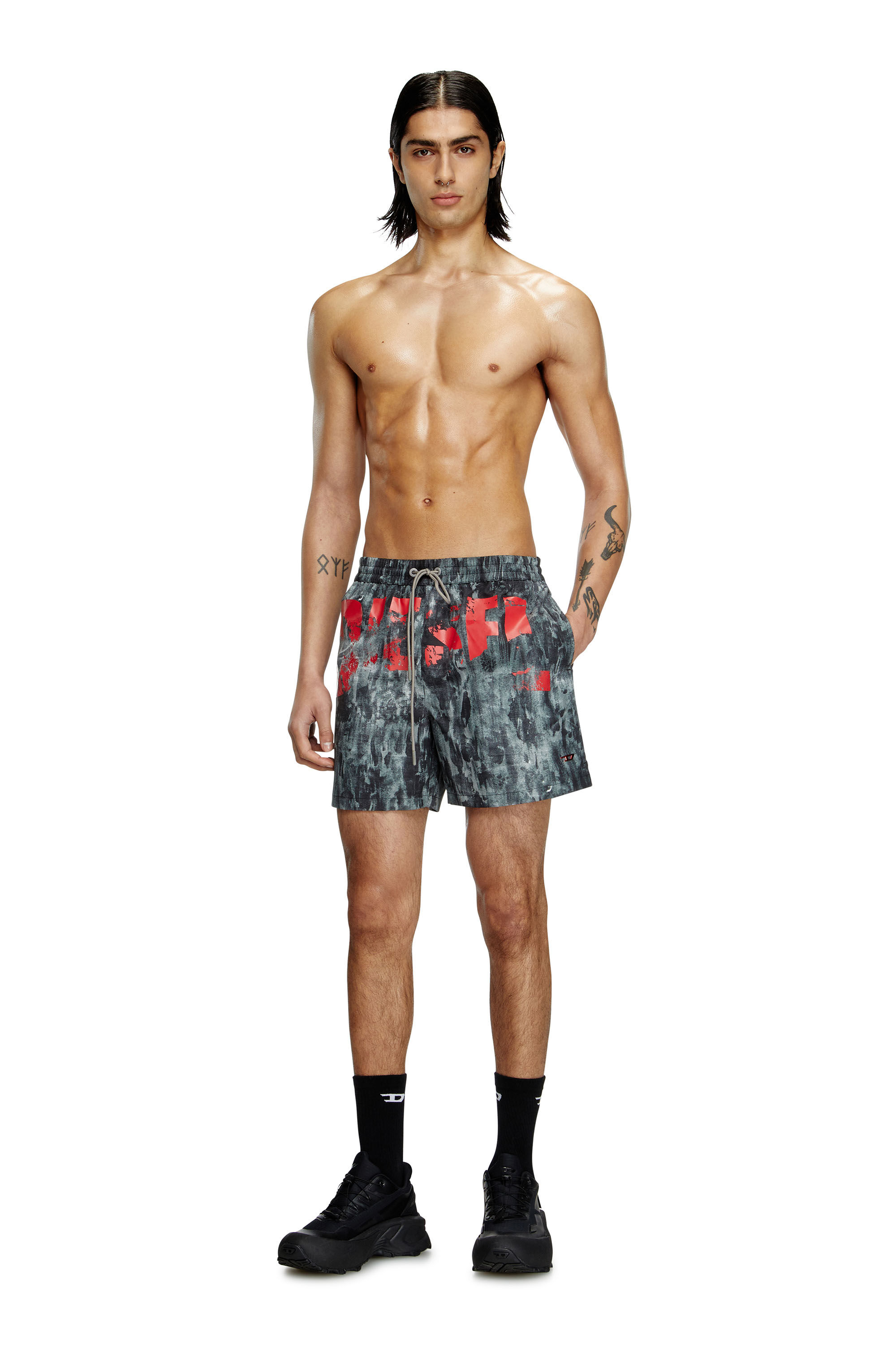 Diesel - RIO-41-D-POP, Herren Mittellange Bade-Shorts mit Grafik-Print in Schwarz - 2