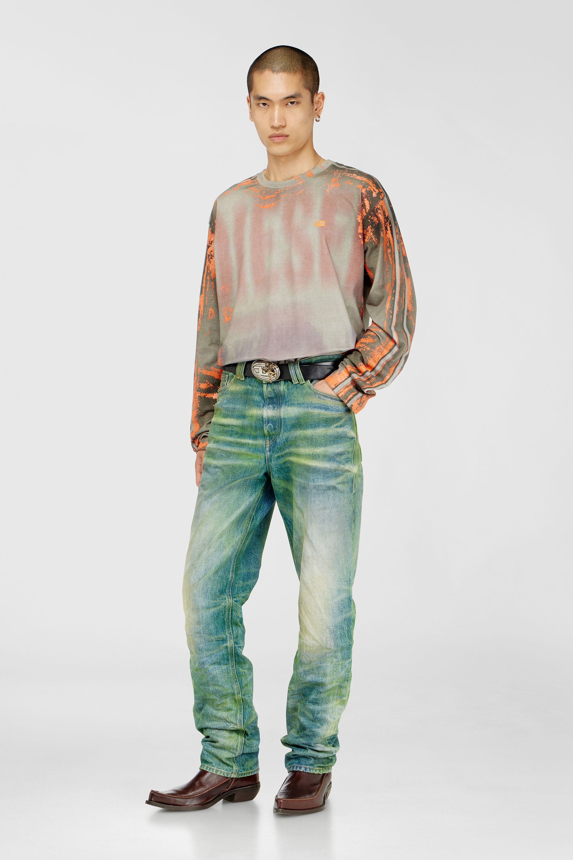Diesel - T-FILMY, Man's Long-sleeve T-shirt in cracked jersey in Grey/Orange - 1