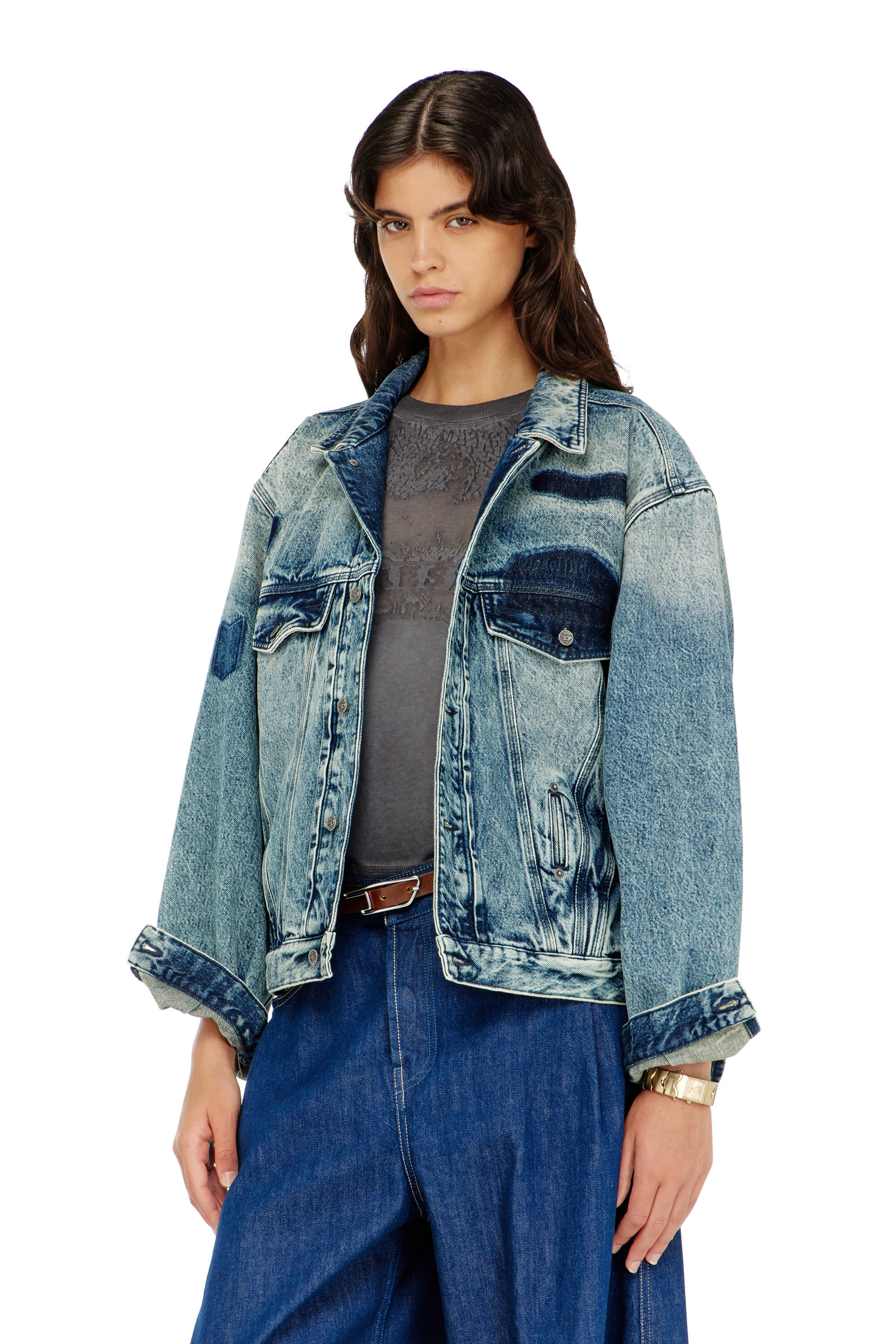Diesel - D-DENVER-S2, Unisex Trucker-Jacke mit Patch-Effekten in Mittelblau - 6