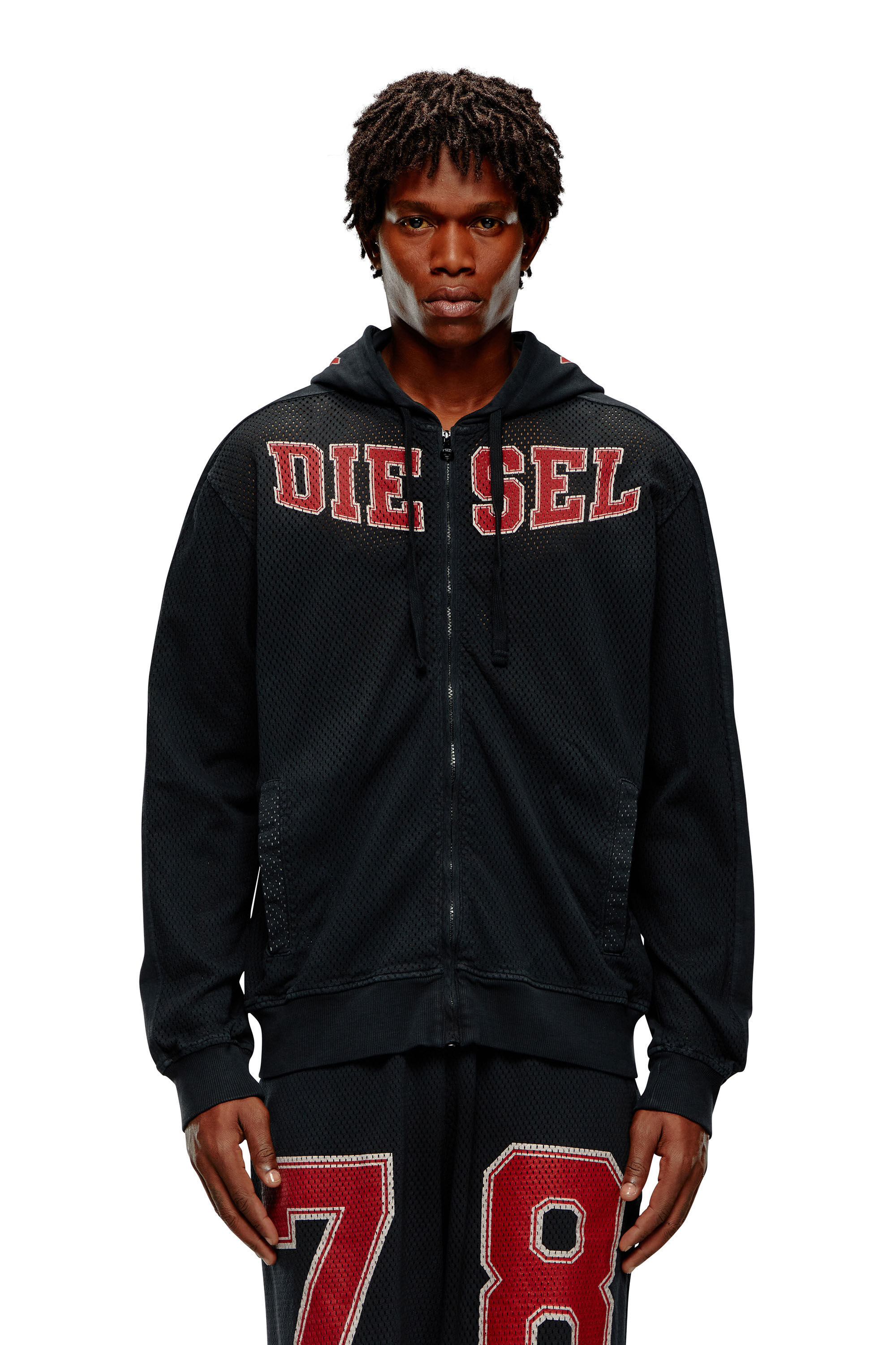 Diesel - S-CREK, Herren Hoodie mit College-Grafik und Reißverschluss in Schwarz - 2