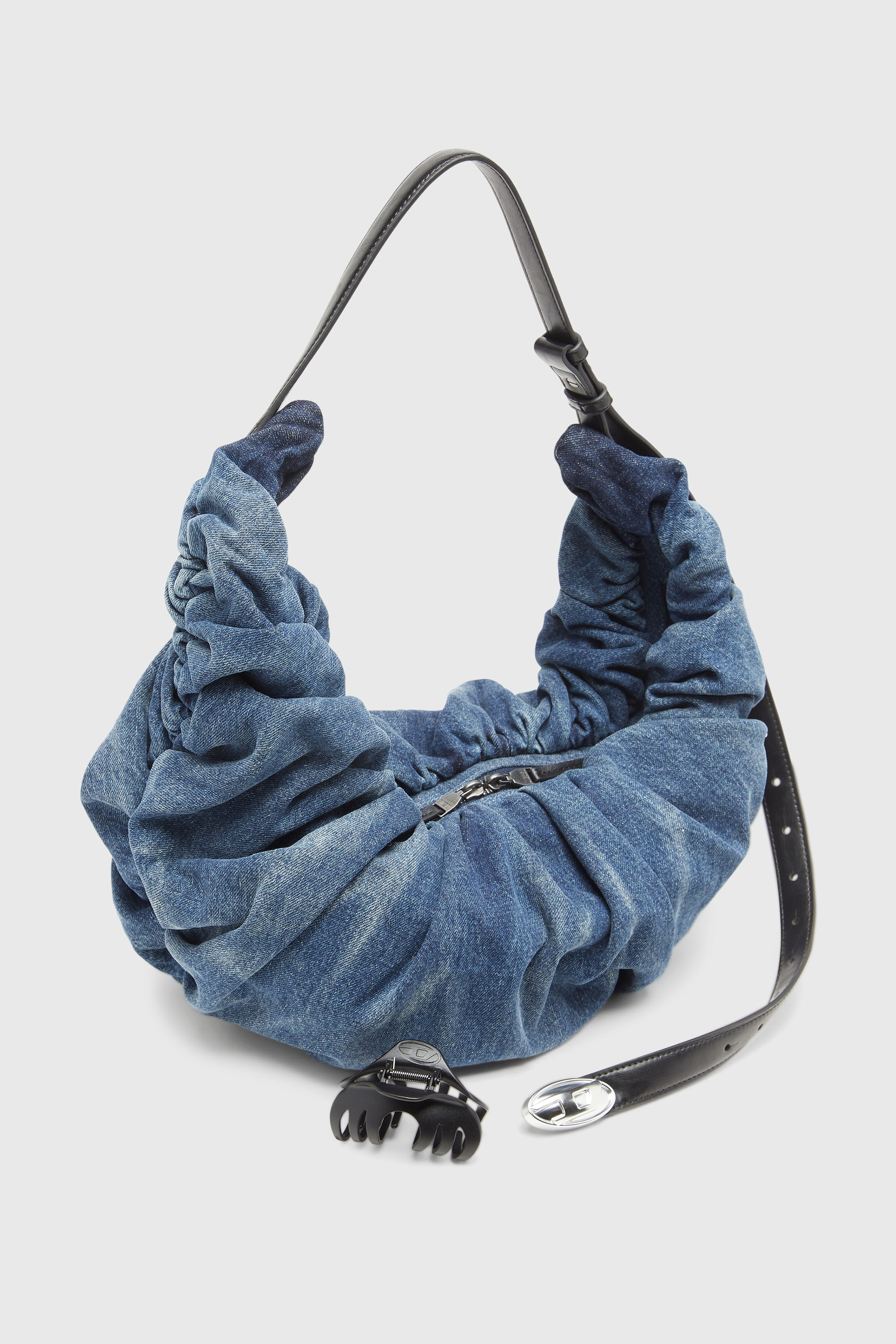 Diesel - GRAB-D HOBO L, Damen Grab-D L-Gro&szlig;e, geknitterte Hobo-Tasche aus behandeltem Denim in Mittelblau - 5
