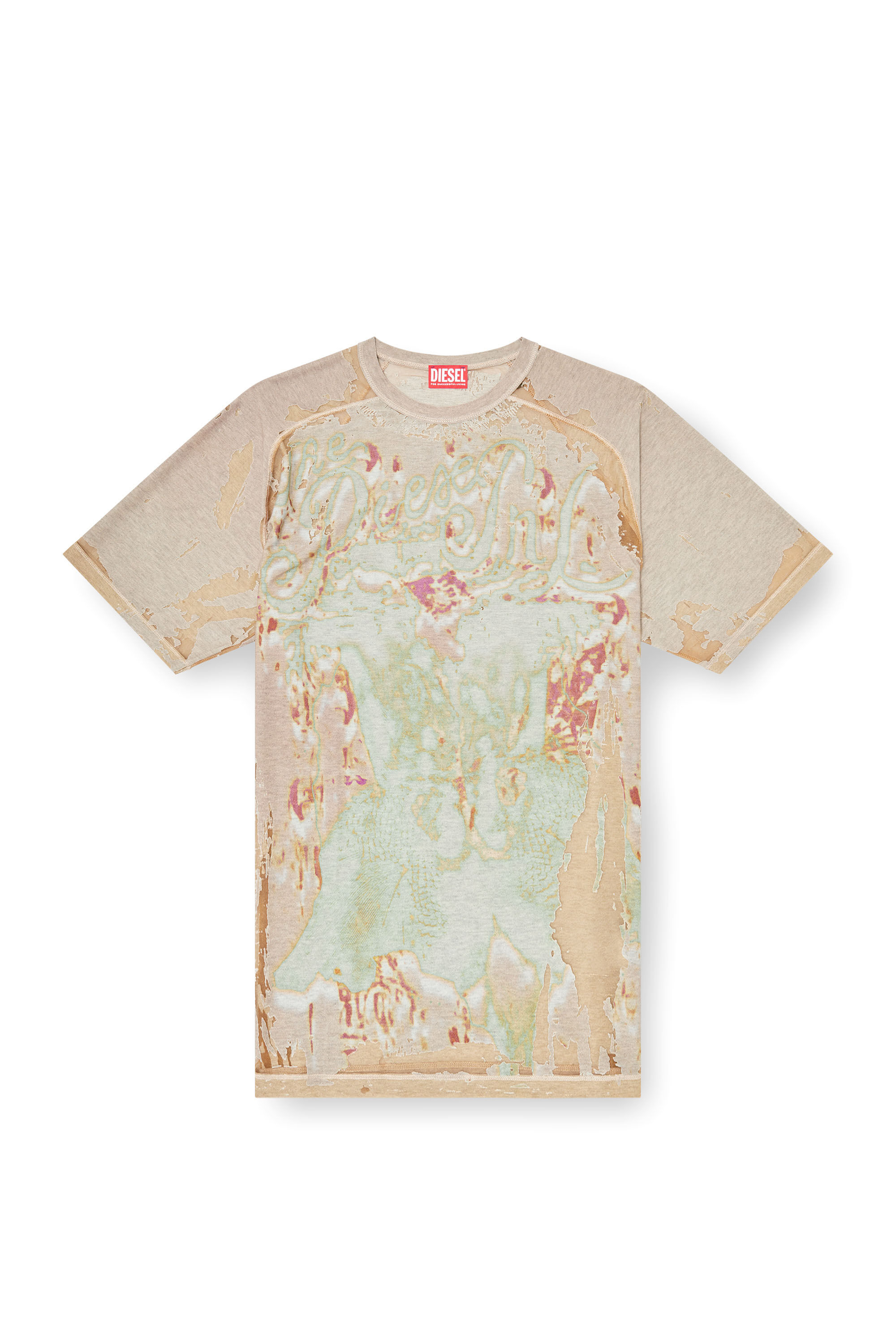 Diesel - T-LIVO, Herren T-Shirt aus bedrucktem Devor&eacute;-Jersey in Hellbraun - 2