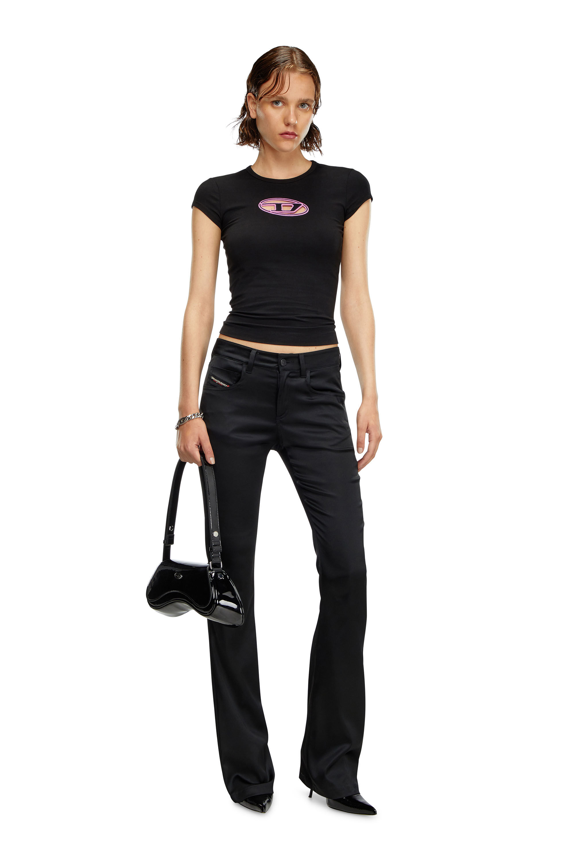 Diesel - T-ANGIE, Woman's T-shirt with peekaboo logo in Black/Pink - 1