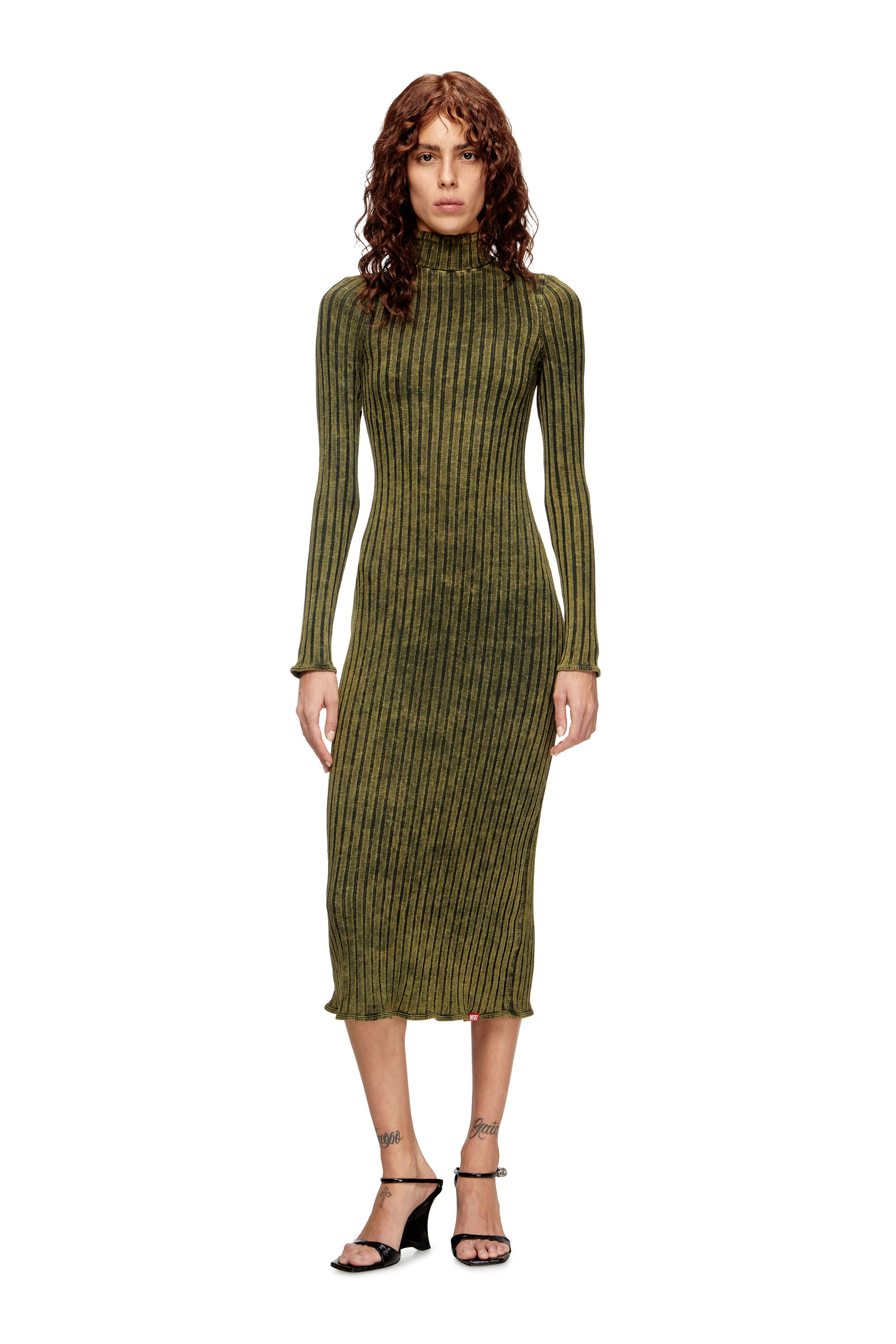 Diesel - D-WAVYA, Damen Midi-Kleid aus behandeltem Jersey mit breitem Rippenstrick in Grün - 3