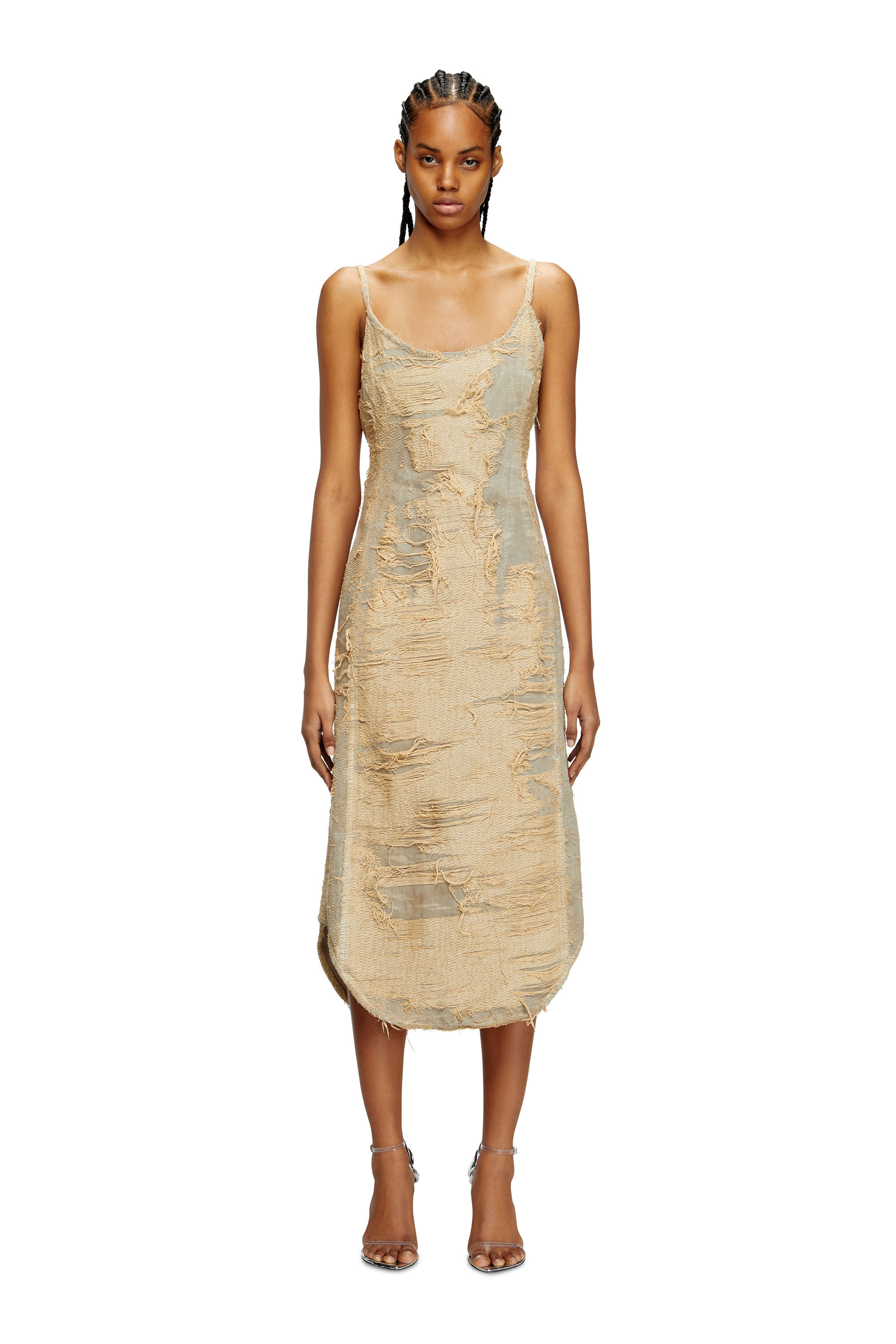 Diesel - DE-VERA-FSG, Damen Kleid aus überfärbtem Denim mit fließenden Fäden in Beige - 1