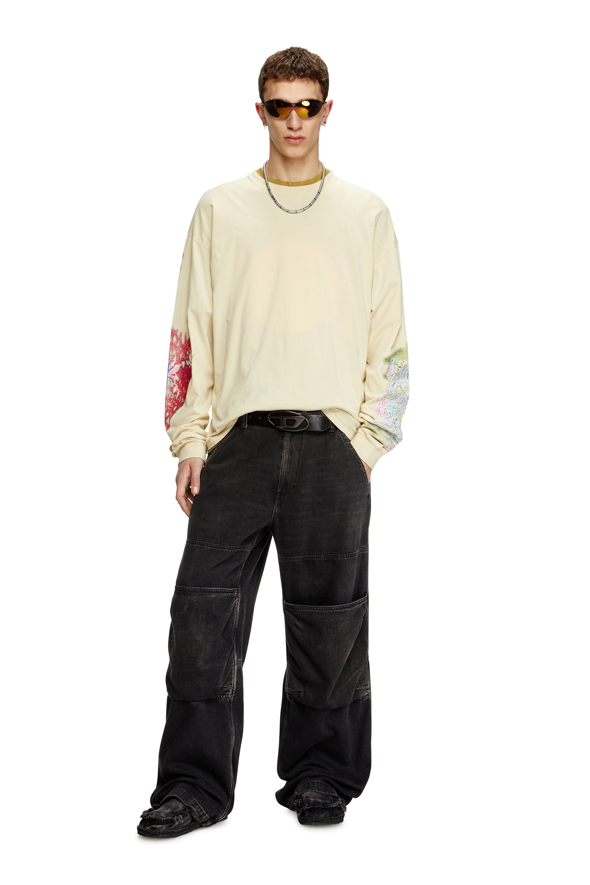 Diesel - T-BOXT-LS-R4, Herren Langarm-T-Shirt mit bedruckten Grafiken in Beige - 1