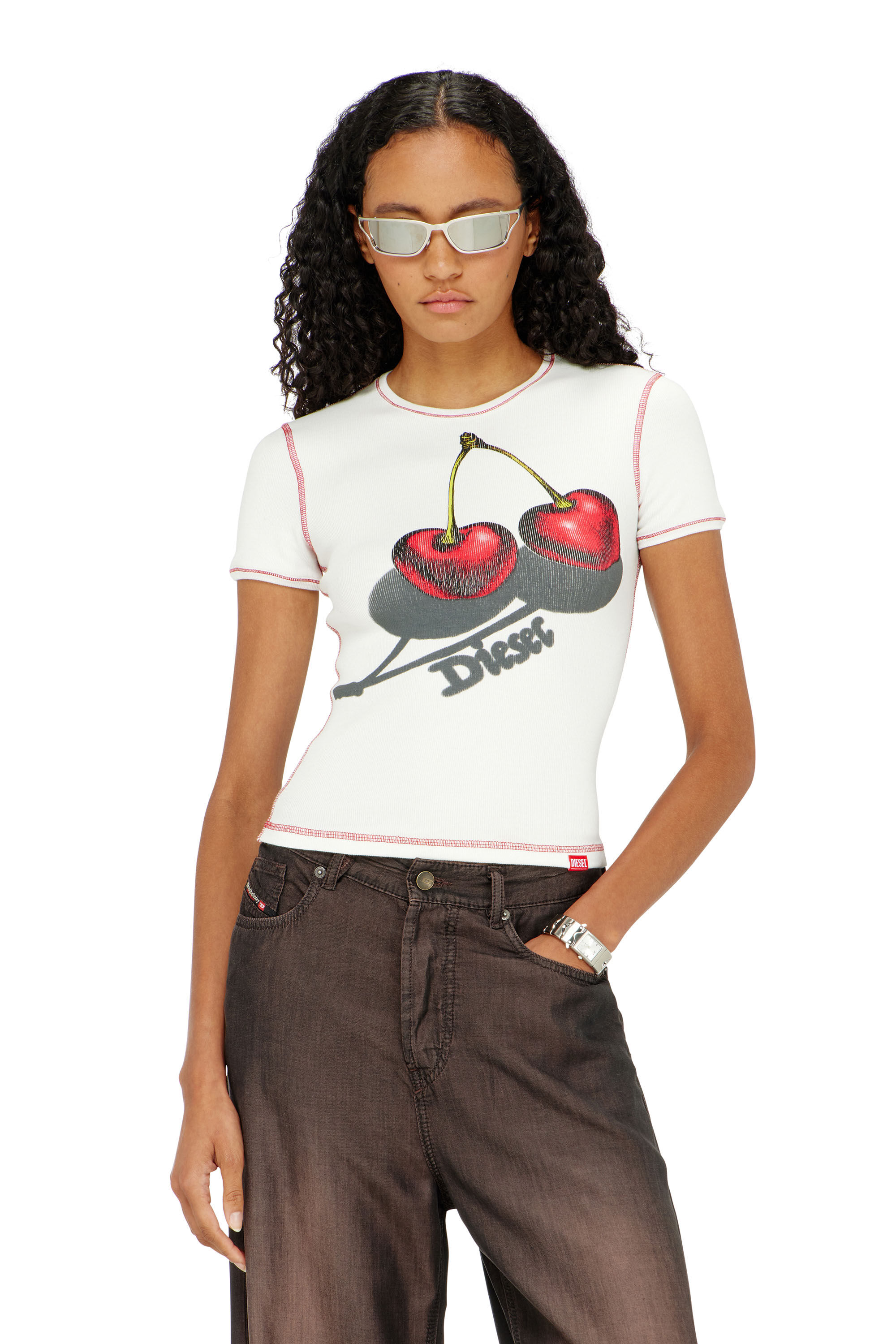 Diesel - SV-T-ELE-CHER, Damen Schlank geschnittenes Baumwoll-T-Shirt mit Kirschdruck in Wei&szlig; - 3