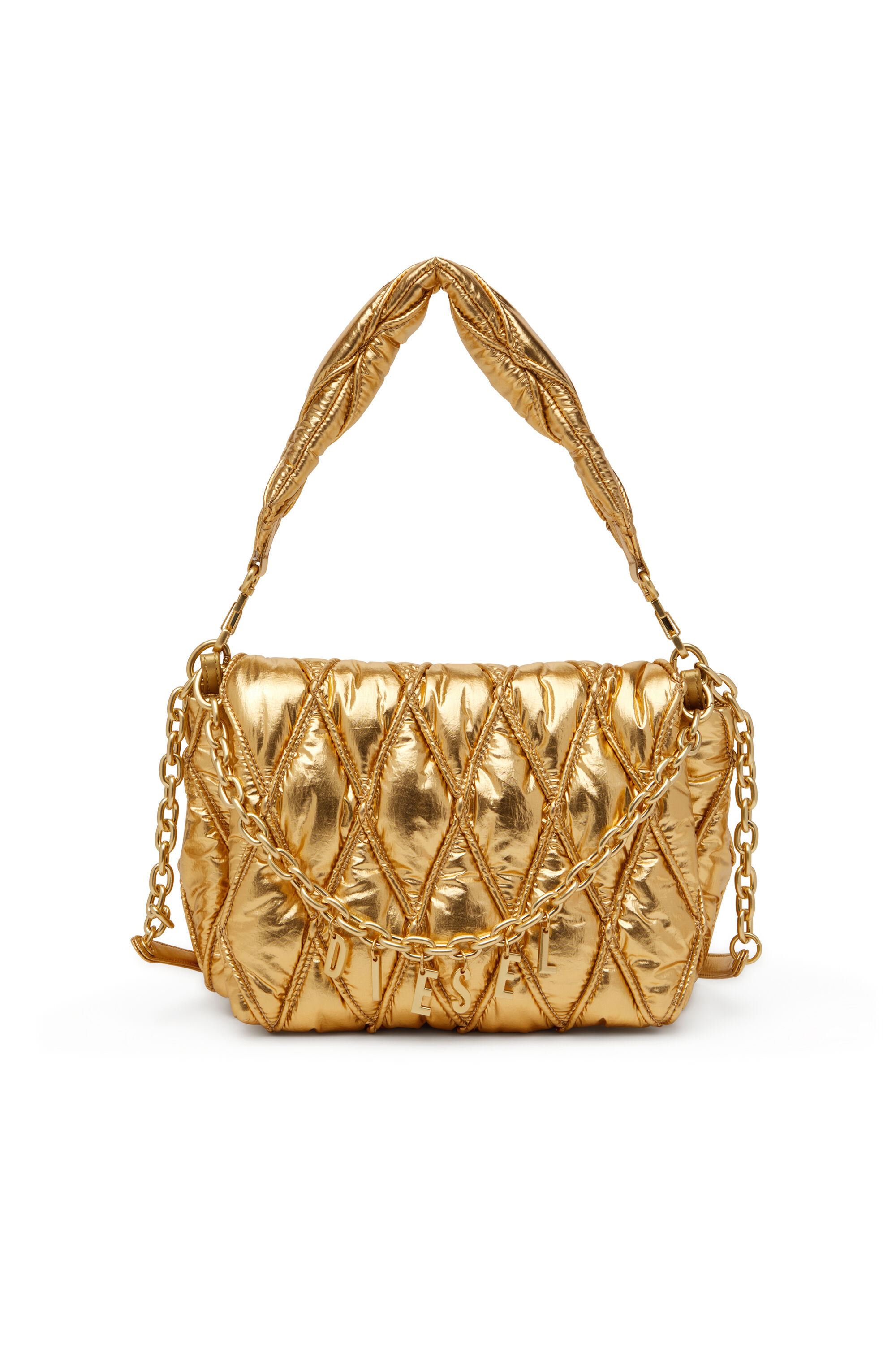 Diesel - CHARM-D SHOULDER M, Damen Schultertasche aus gestepptem Metallic-Nylon in Gold - 1