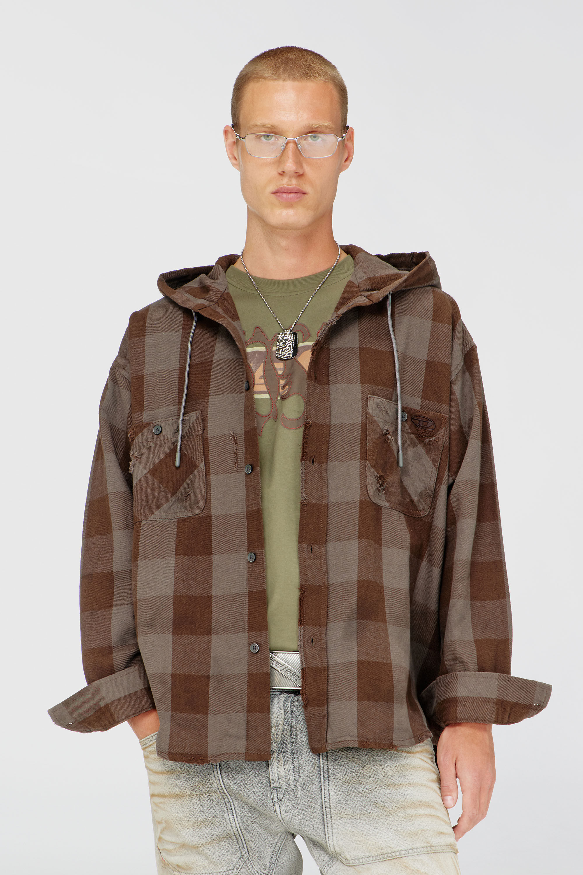 Diesel - S-DRUM-HOODY, Herren Kapuzenshirt aus distressed kariertem Flanell in Braun - 3