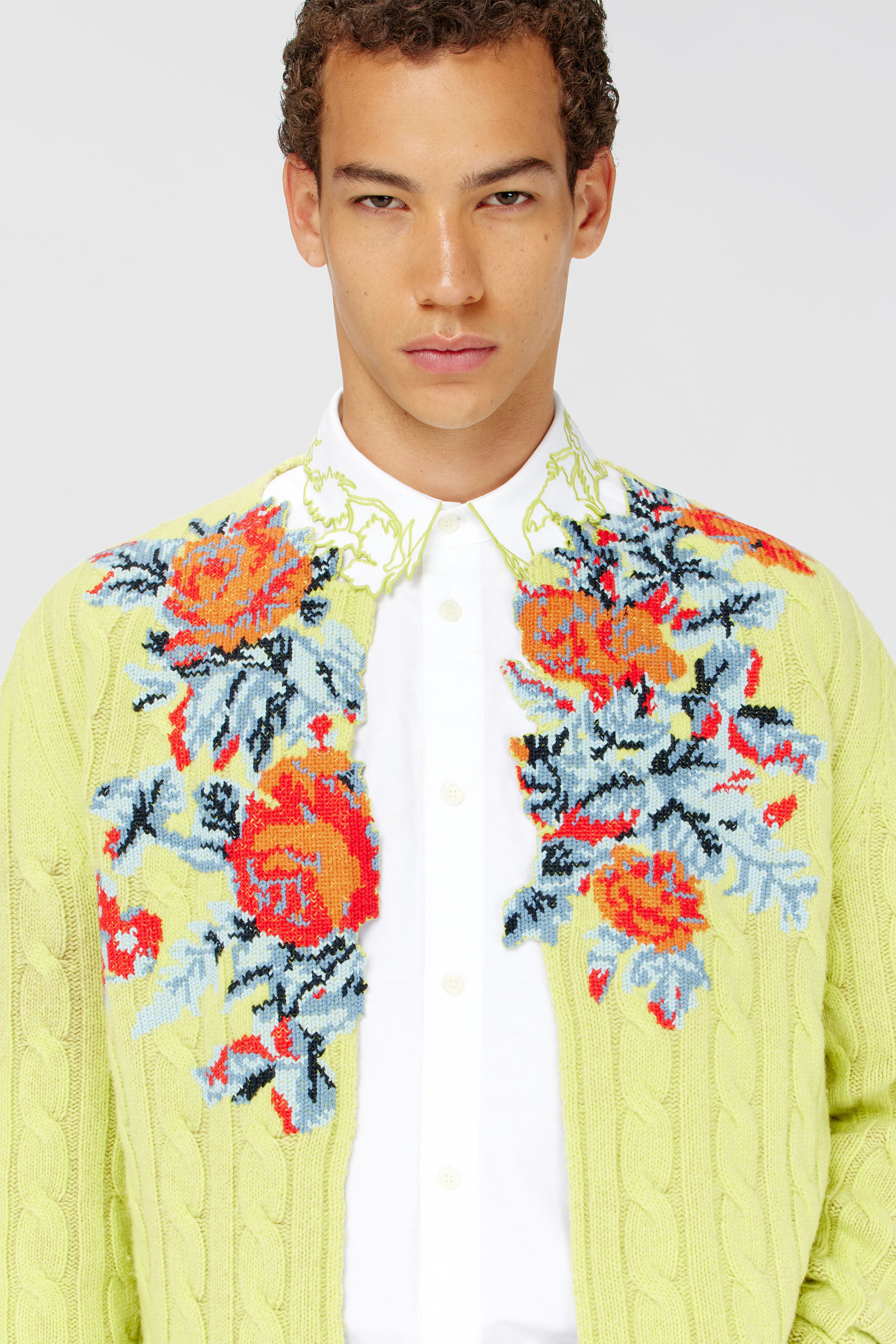 Diesel - K-RINO, Herren Offener Cardigan aus floraler Zopfmusterstrick in Neongelb - 5