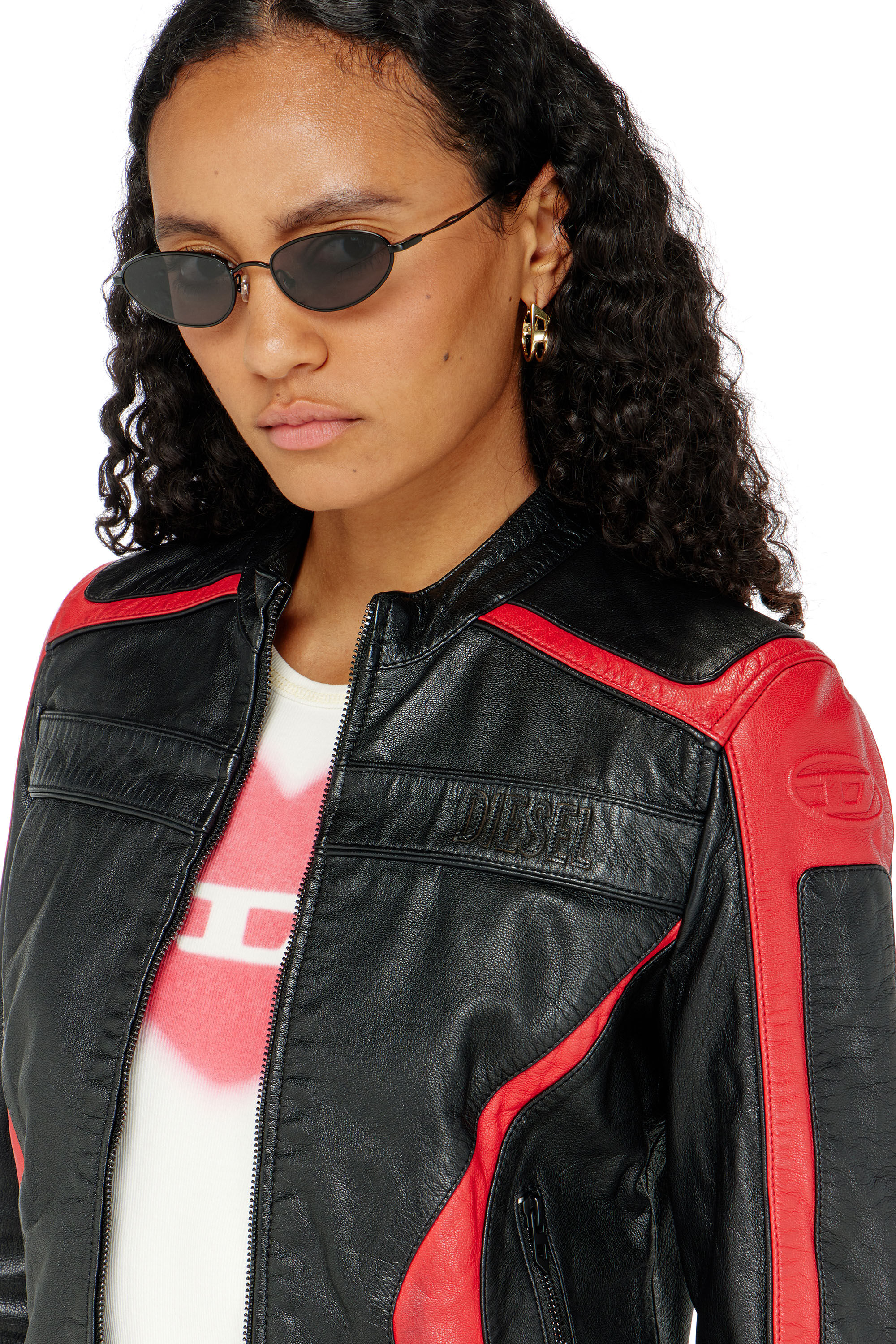 Diesel - L-OVABLE, Woman's Biker jacket in colour-block leather in Black/Red - 5