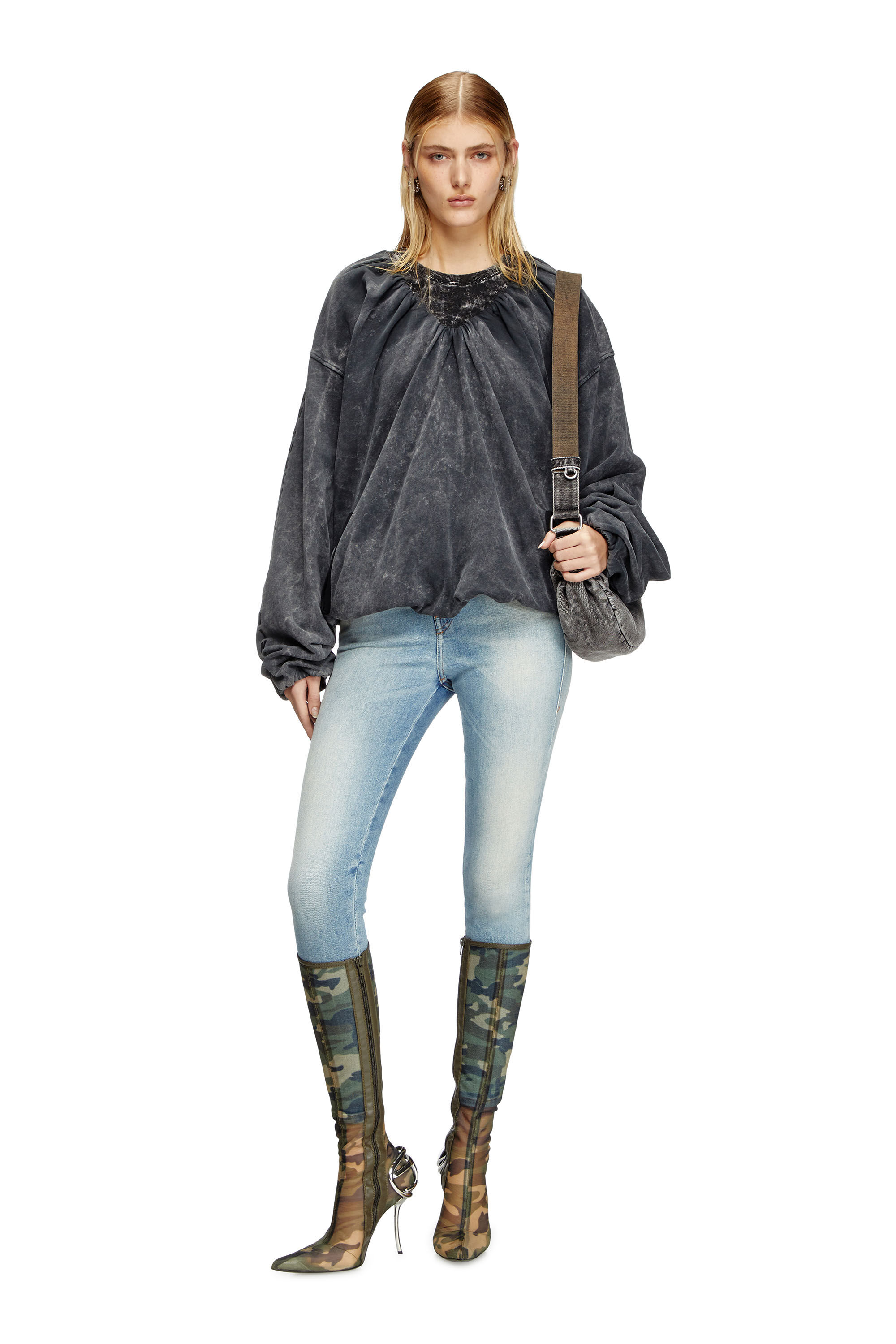 Diesel - F-INDY, Damen Gerafftes Sweatshirt mit gebleichtem Effekt in Schwarz - 1