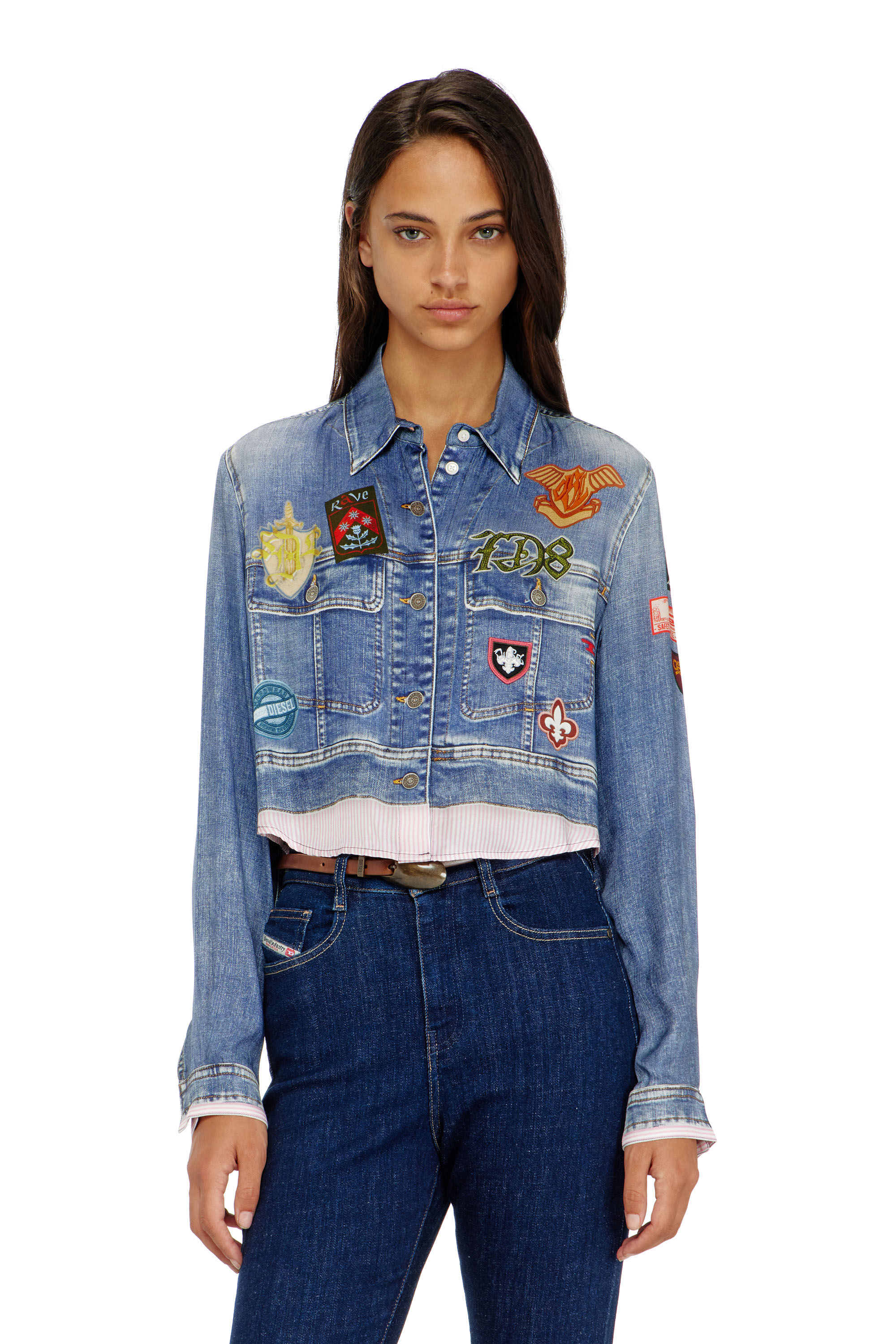 Diesel - C-LONE, Damen Cropped-Satinhemd mit trompe-l&rsquo;oeil-Denim-Print in null - 3