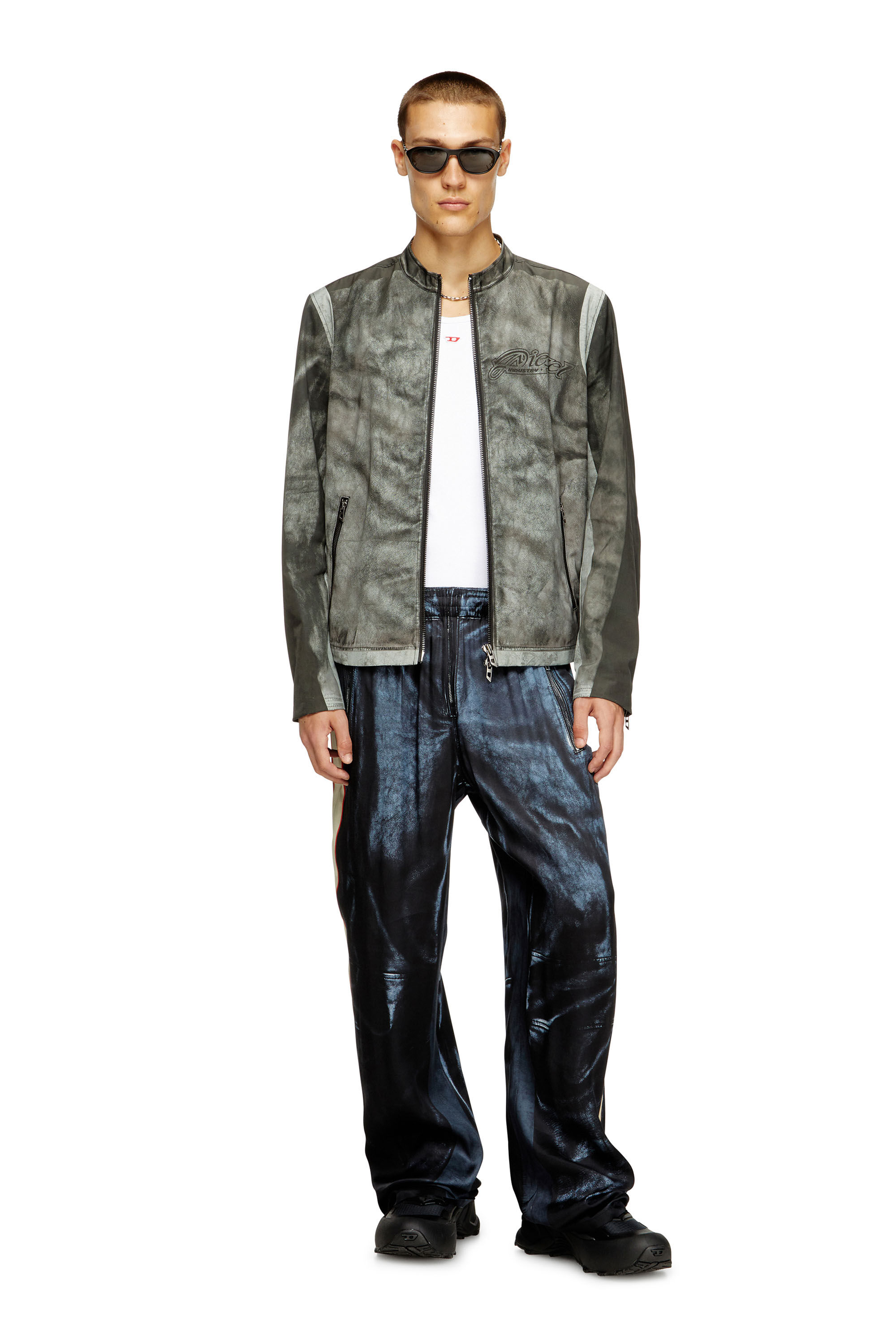 Diesel - J-EVERT, Herren Bikerjacke aus bedrucktem Canvas in Dunkelgrau - 1